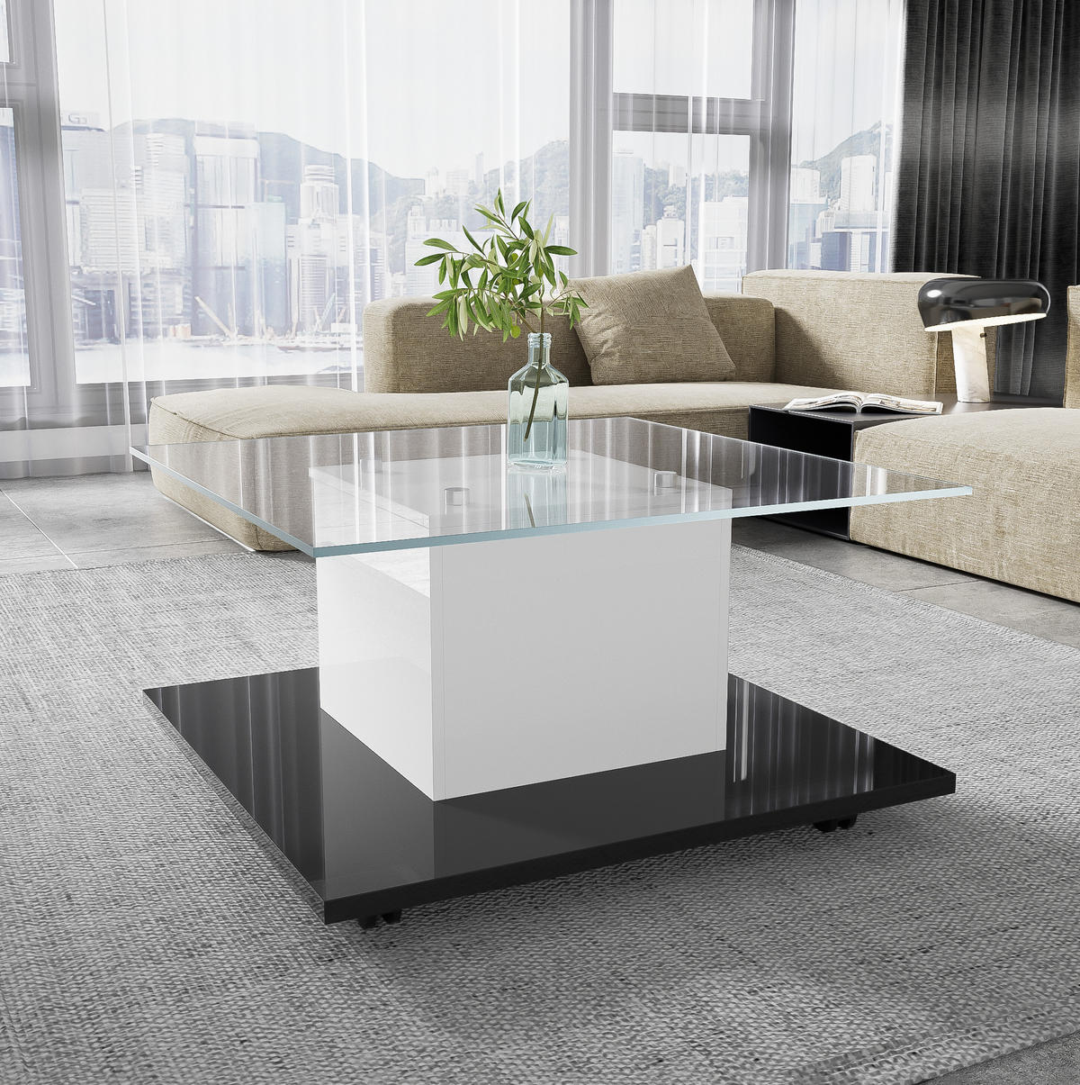 COUCHTISCH aus gehärtetem Glas, Hochglanz-Body mit LED-Lichtband und Lenkrollen, 80/80/40 cm, Weiß und Schwarz - Weiß, Holzwerkstoff (80/80/40cm) - Redom