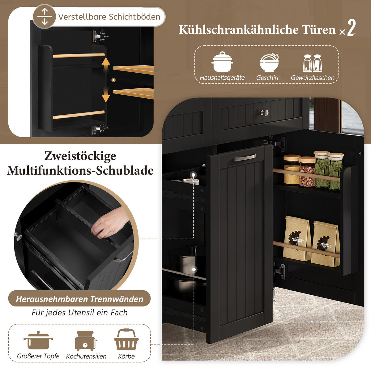 KUCHYŇSKÝ ostrov z MDF 140x40-70x92 cm černý/přírodní s výsuvnou deskou, zásuvkami a kolečky - černá, kompozitní dřevo (140/92/70cm) - Modfu