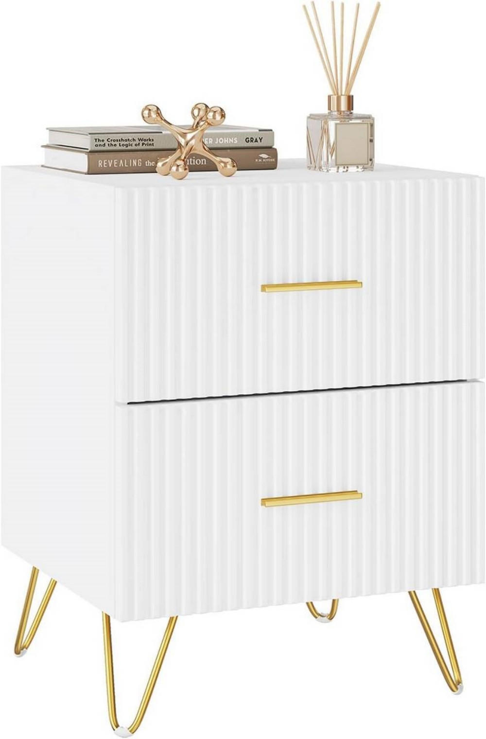 NACHTTISCH mit vertikalen Linien, Weiß+Golden - Goldfarben/Weiß, Holzwerkstoff/Metall (40/53/35cm) - Woltu