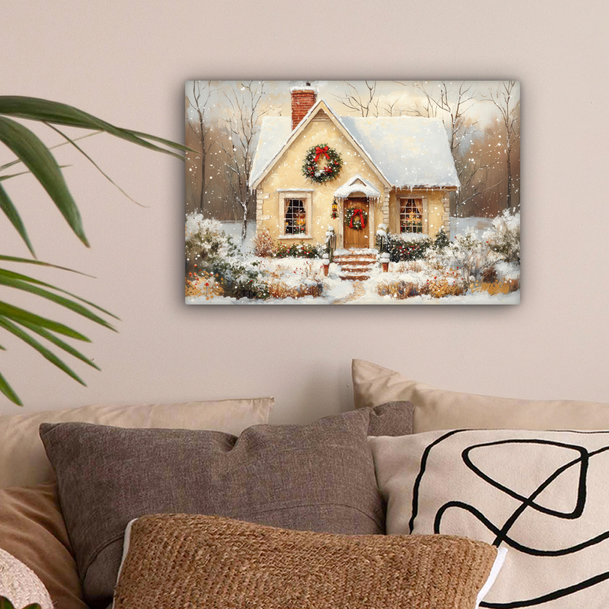 LEINWANDBILD Weihnachten - Zuhause - Winter - Schnee 30x20 cm - Creme, Textil (30/20cm) - MuchoWow