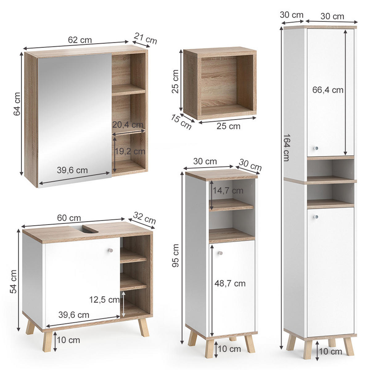 BADMÖBEL-SET Senyo Weiß 5 Teile, mit Hochschrank - Weiß/Sonoma Eiche, Holzwerkstoff (62/54/32cm) - Vicco