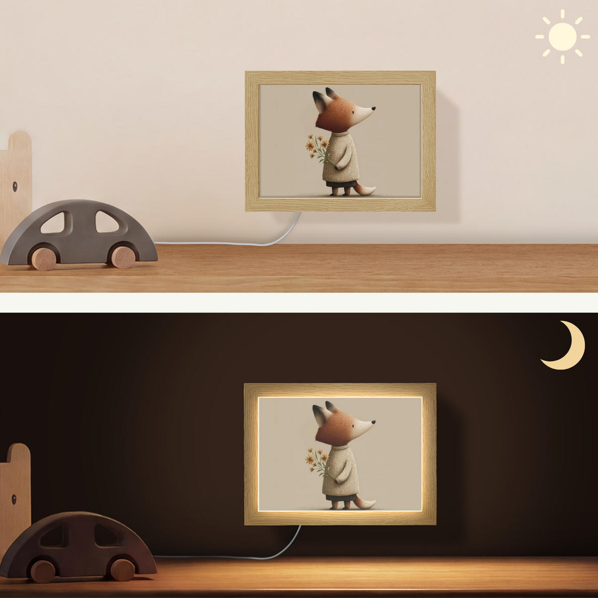 NÁSTĚNNÁ LAMPA Liška - Žluté květy - Minimalistický 20x15 cm - šedohnědá, kompozitní dřevo (20/15/8cm) - OnlyWow