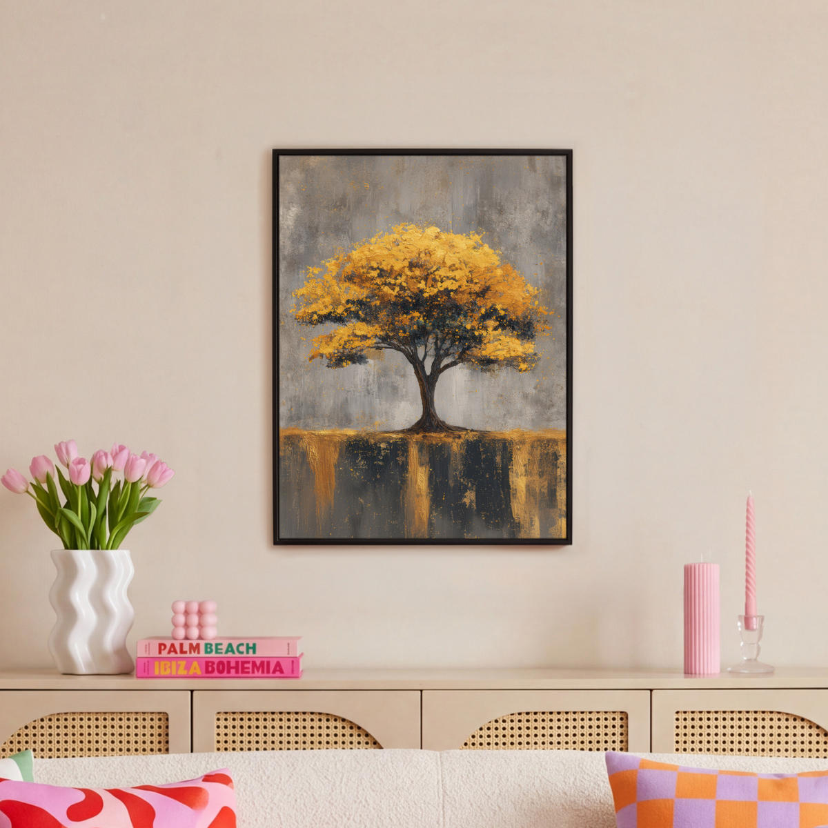 LEINWAND Bilder mit Rahmen - Baum - Blätter - Gold - Abstrakt - 60x80 - Grau, Textil (60/80cm) - MuchoWow