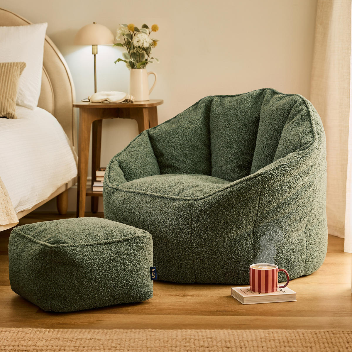 SITZSACK mit Hocker aus Boucle Sirena - Olivgrün, Textil (77/64/74cm) - icon