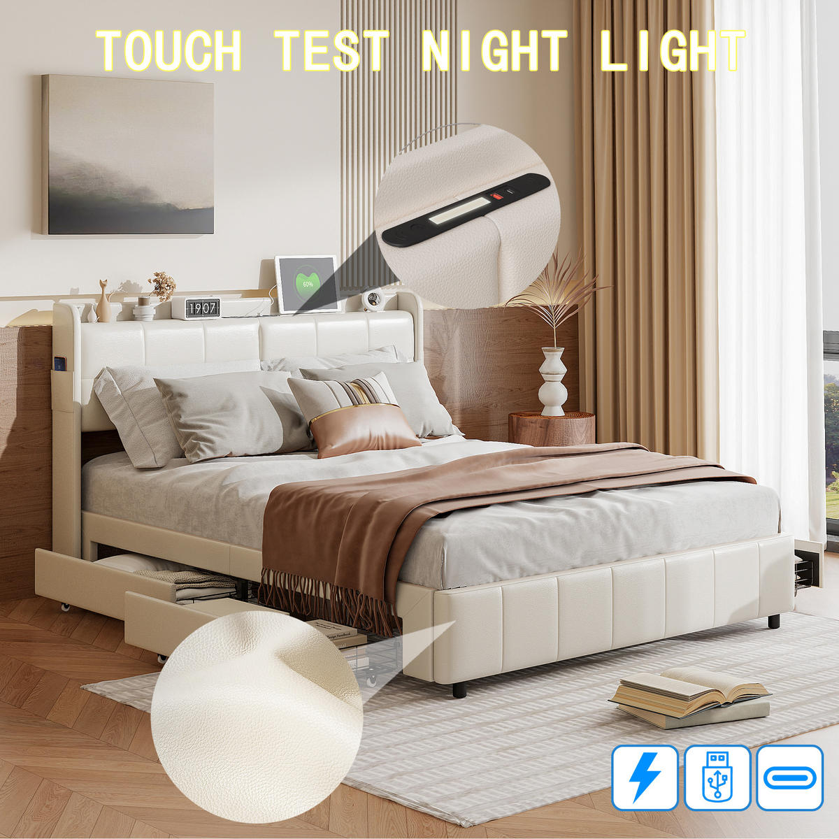 POLSTERBETT 160x200 cm Lattenrost USB Schublade PU Leder weiß - Weiß, Holz (160/200cm) - LEBENLANG