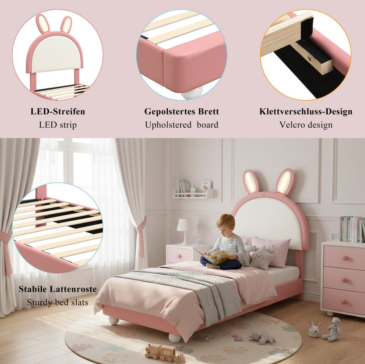 KINDERBETT Polsterbett 90/200 cm aus PU mit LED-Lichtleiste und Hasen-Kopfteil Rosa/Weiß - Weiß, Kunststoff (90/200cm) - Modenvie