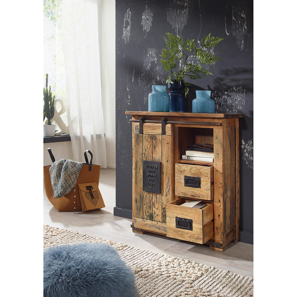KOMMODE - Mango massiv / Eisen - Mango / Schwarz - Braun, Holz/Metall (75/90/36cm) - home24
