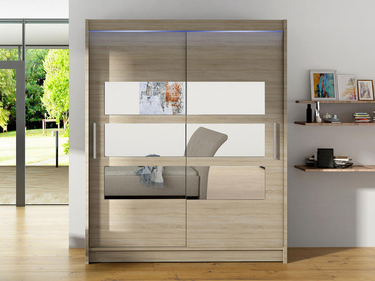 SCHWEBETÜRENSCHRANK Westa VII, mit RGB LED Beleuchtung - Silberfarben/Sonoma Eiche, Holzwerkstoff/Metall (150/200/58cm) - MIRJAN24