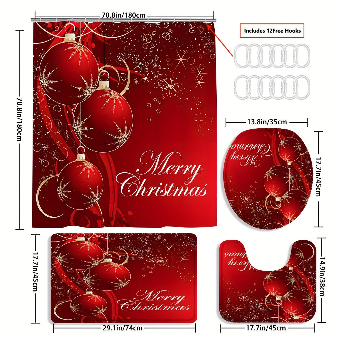 DUSCHVORHANG SET Luxus Weihnachten Duschvorhang Badematte Toilettenmatte - Rot, Textil (180/180cm) - MCBOSON