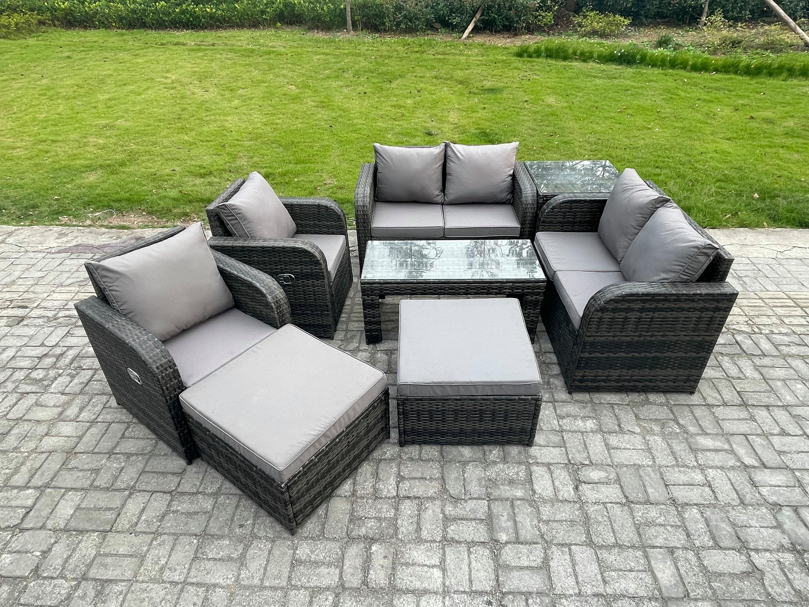 GARTENSOFA SET mit LIEGESTUHL Polyrattan 8-Sitzer Dunkelgrau - Dunkelgrau/Grau, Glas/Kunststoff - Fimous
