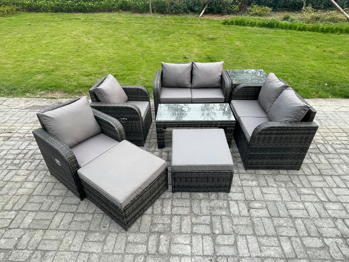 GARTENSOFA SET mit LIEGESTUHL Polyrattan 8-Sitzer Dunkelgrau - Dunkelgrau/Grau, Glas/Kunststoff - Fimous