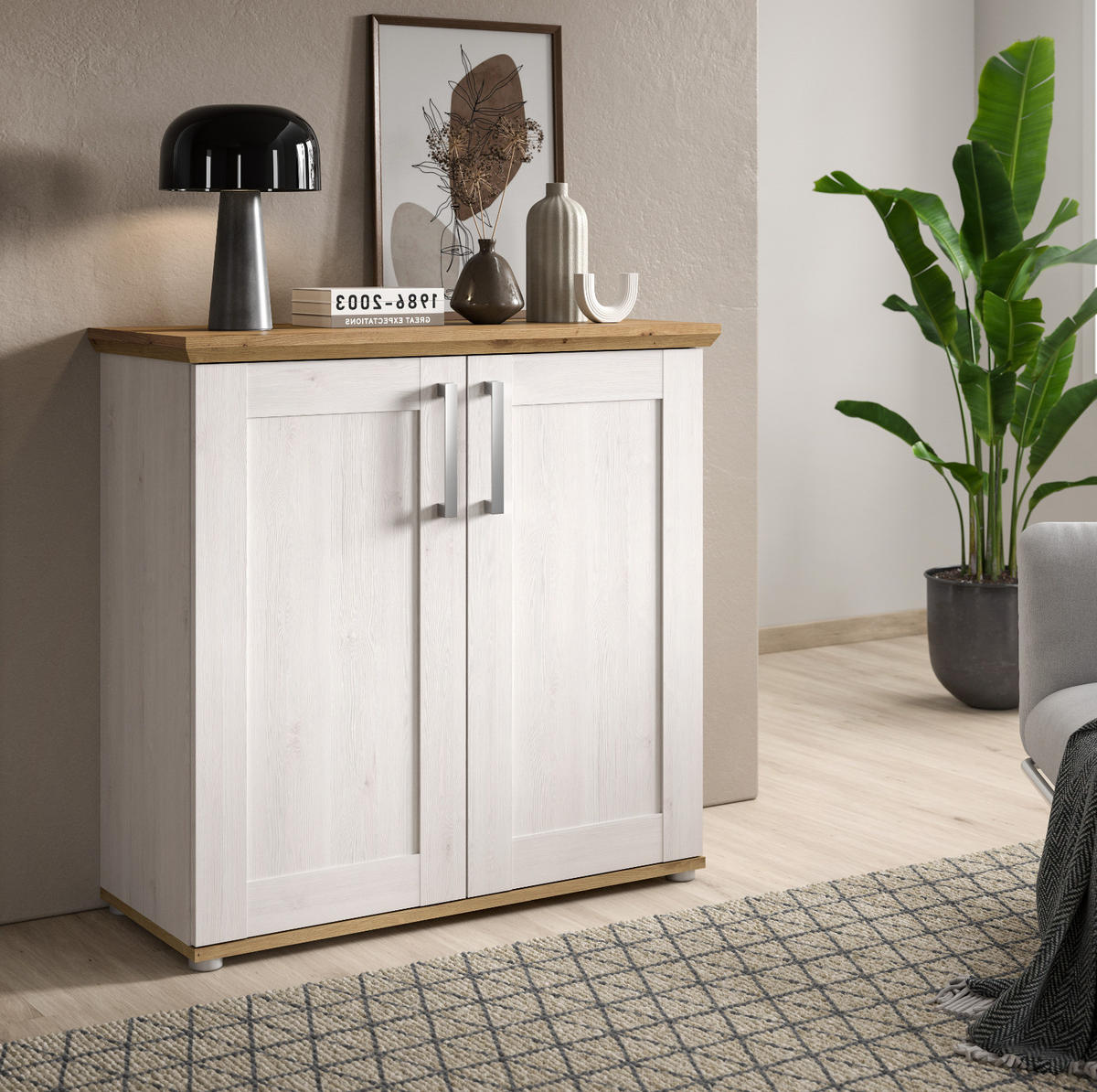 KOMMODE weiß Lärche, Eiche Artisan 95 cm, Sideboard im Landhaus-Stil - Silberfarben/Weiß, Holzwerkstoff/Kunststoff (95/92/39cm) - Inn.Furn