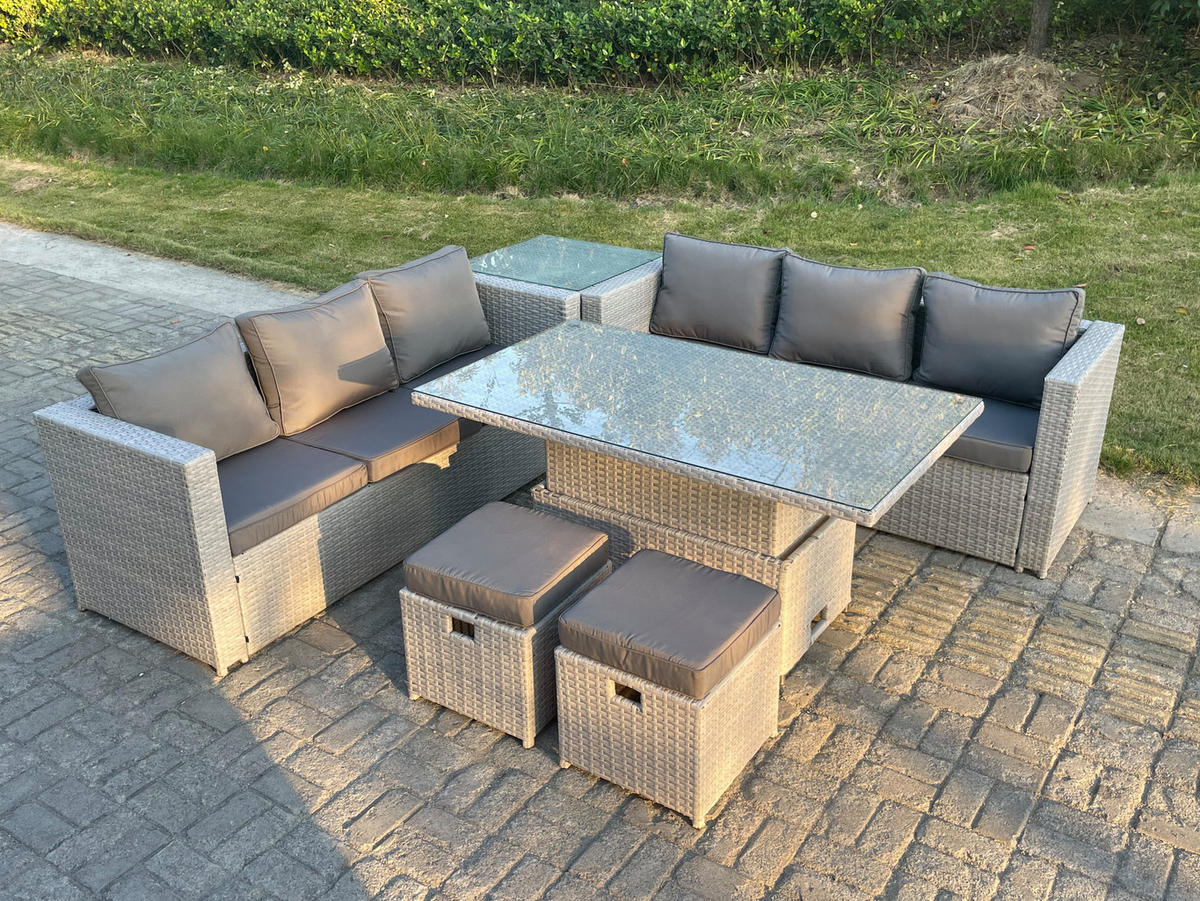 GARTENSOFA SET mit höhenverstellbarer Tisch Polyrattan Helles Grau 8-Sitzer - Hellgrau, Metall - Fimous