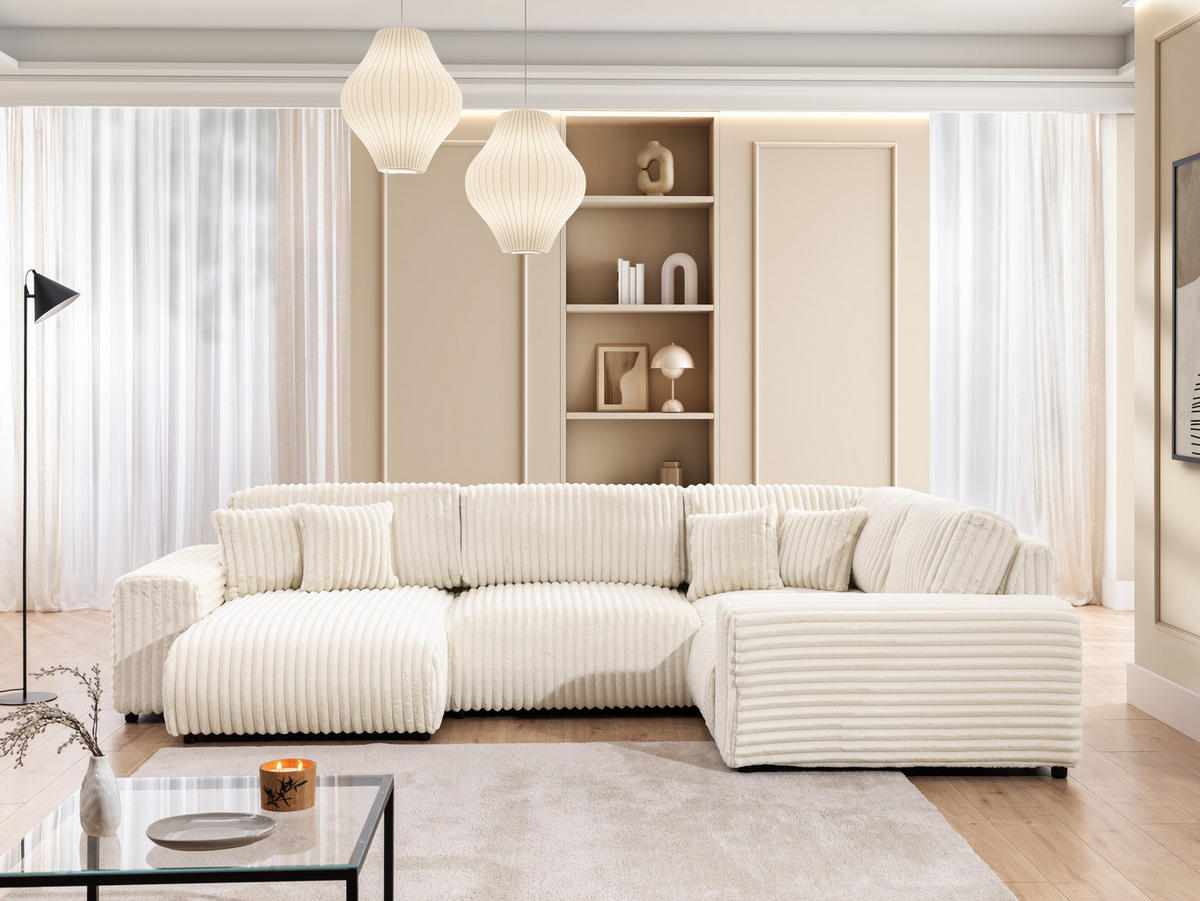 WOHNLANDSCHAFT Mollis Hellbeige Plüschcord im XXL-Format - Ottomane Links - Beige/Schwarz, Holz/Kunststoff (316/77/194cm) - S-Style Möbel