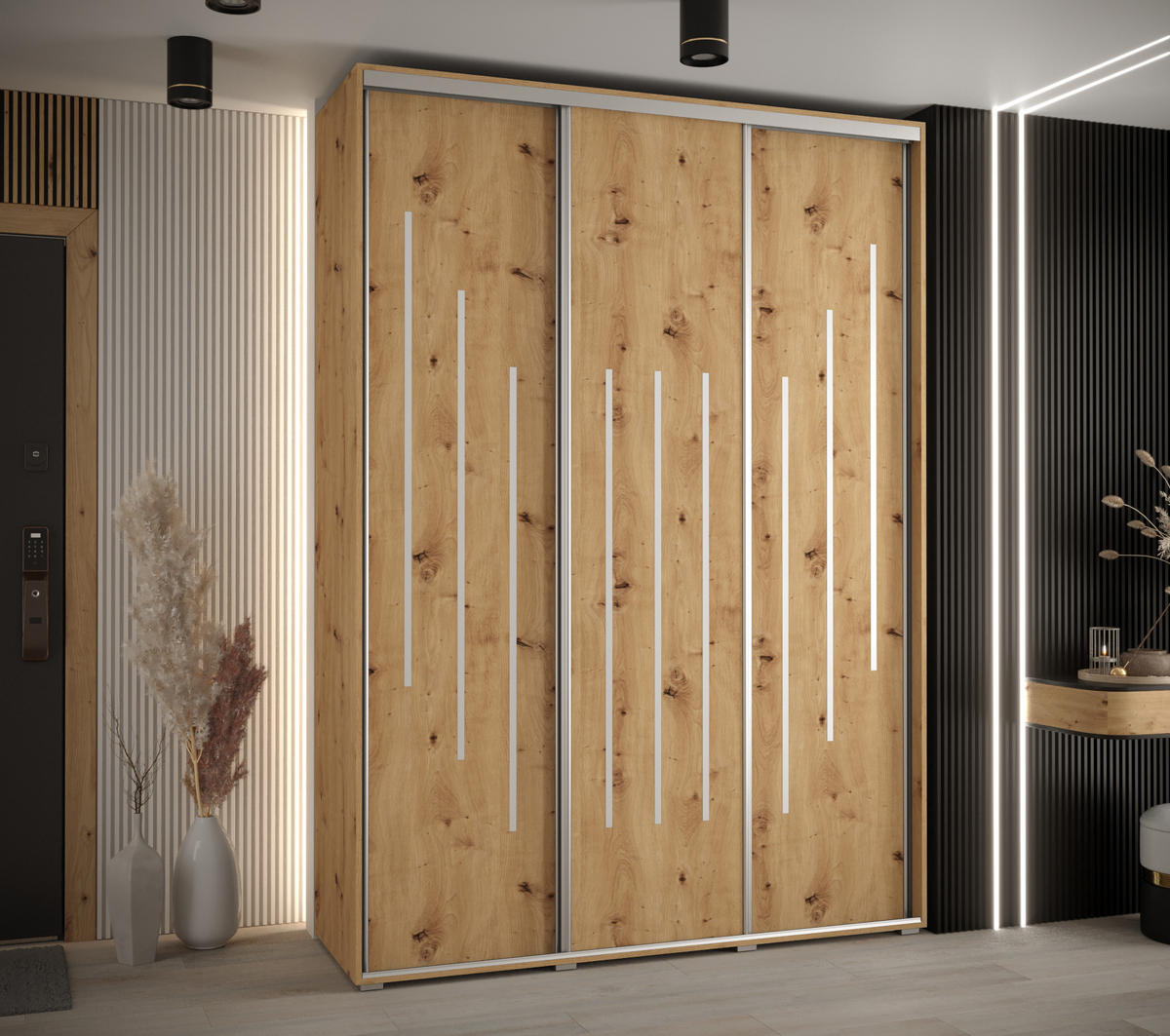SCHWEBETÜRENSCHRANK 235,2/180/45 3-türig - Silberfarben/Eiche Artisan, Holz/Metall (180/235/45cm) - Abiks Möbel