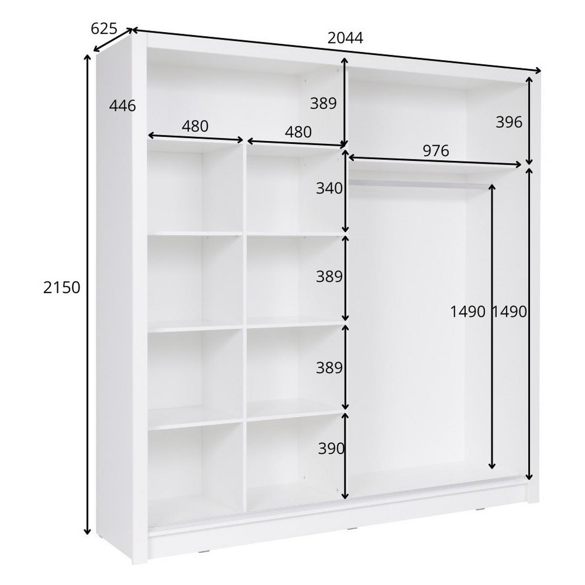 SCHWEBETÜRENSCHRANK RANOR 200/215/62,5cm 2-türig mit Spiegel Weiß - Weiß, Holzwerkstoff (200/215/62.5cm) - MASSENO