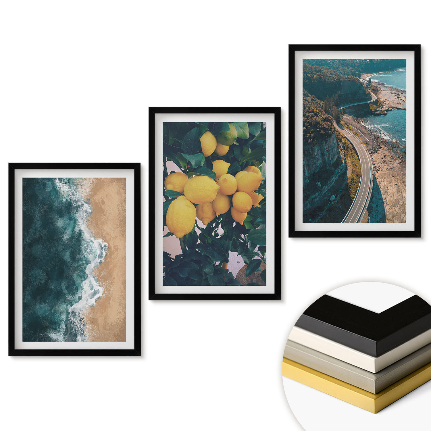 WANDBILDER 3er-Set - 40x60 cm Schwarzer Rahmen - Meerstrand Zitronen Berge - Schwarz, Kunststoff (40/60cm) - ArtPrintCave