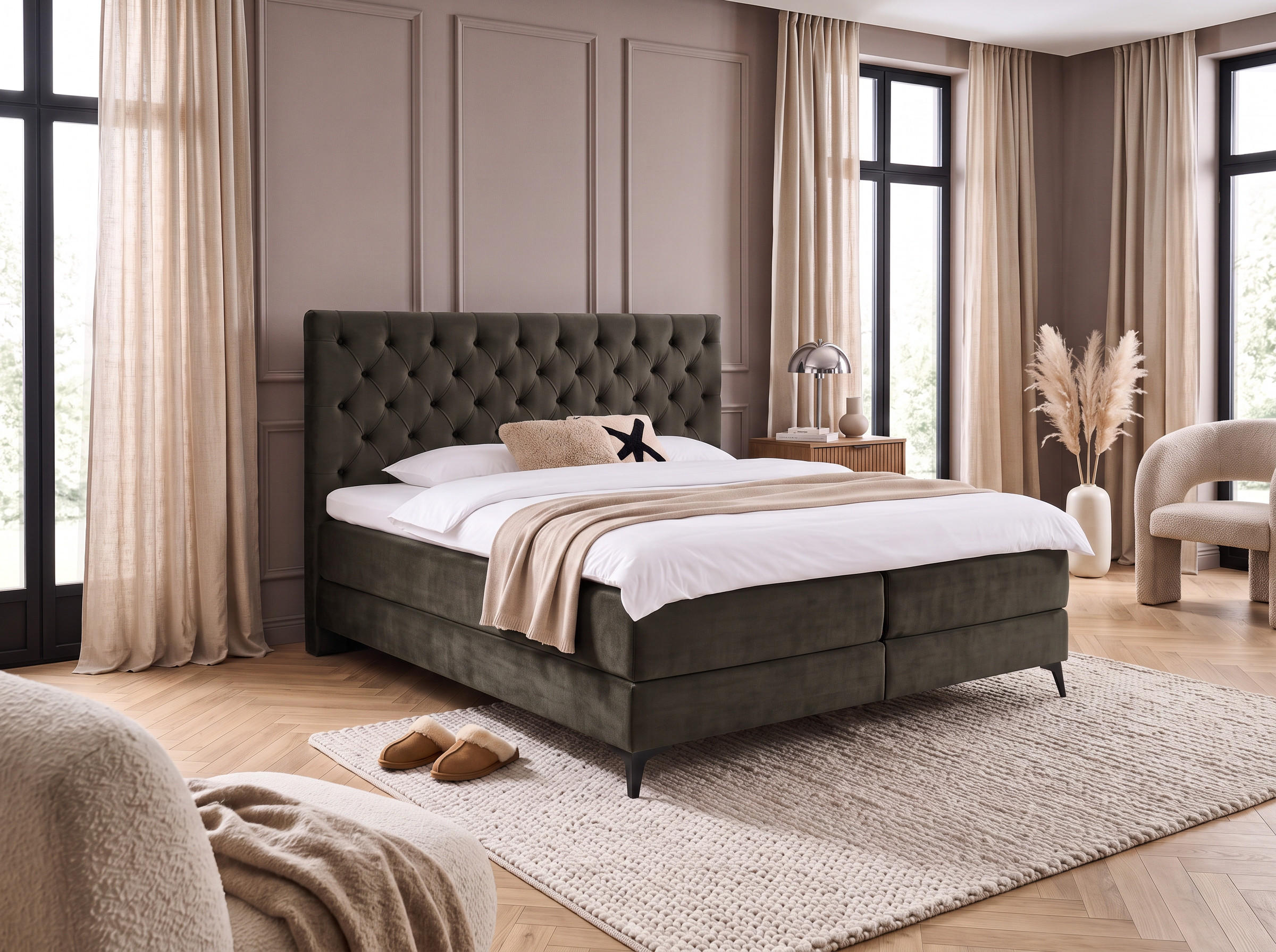 BOXBETT Amber Braun 200/200 cm Samt mit Bettkasten, mit Matratze, mit Premium Topper H3/H4 - Schwarz/Braun, Textil (200/200cm) - wonello