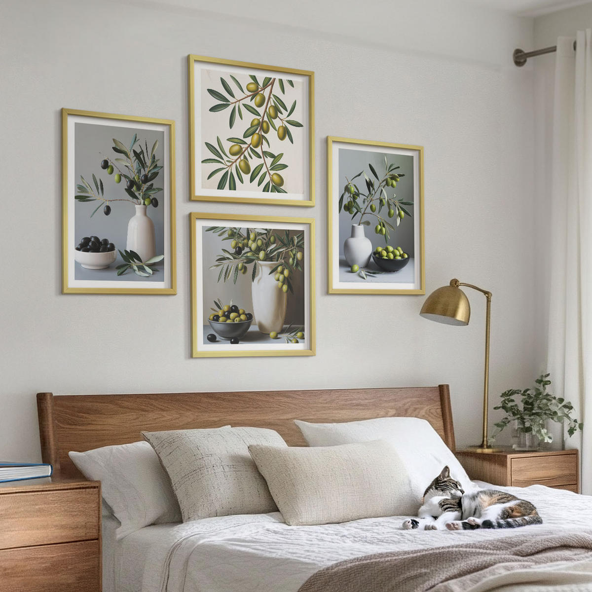BILDER SET 4er Set - 50x50 cm & 40x60 cm Goldrahmen - Oliven in Vasen in gedeckten Farben - Goldfarben, Kunststoff (50/50cm) - TULUP