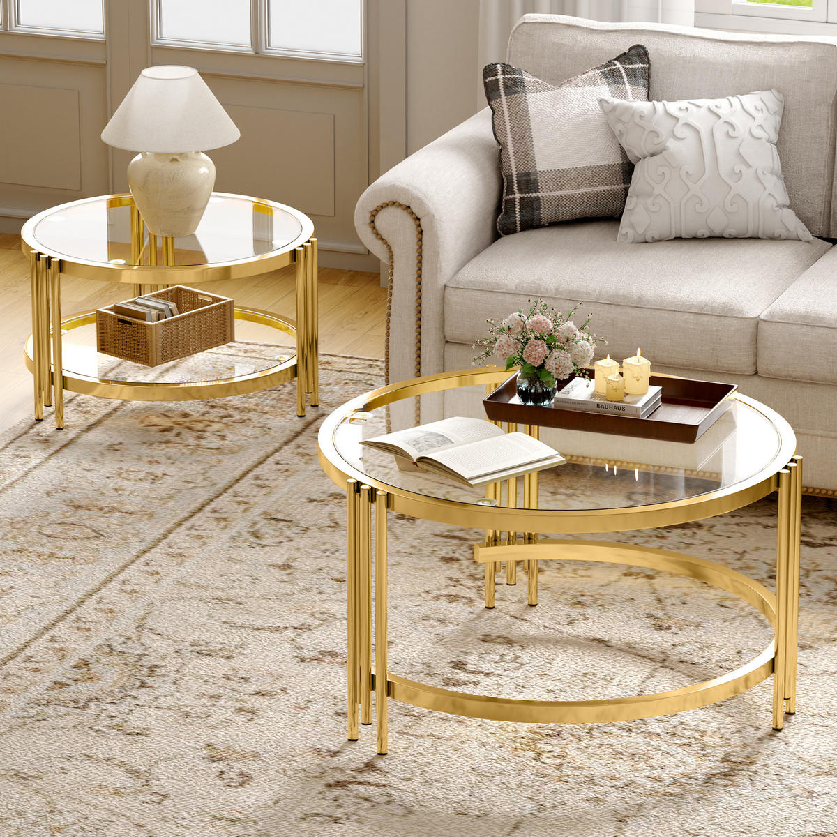 COUCHTISCH Wohnzimmertisch für couch Sofatisch mit abnehmbarer Tischplatte und Rutschfeste Saugnäpfe, bis 400 °C - Goldfarben, Glas/Metall (80/80/45cm) - STILVORA
