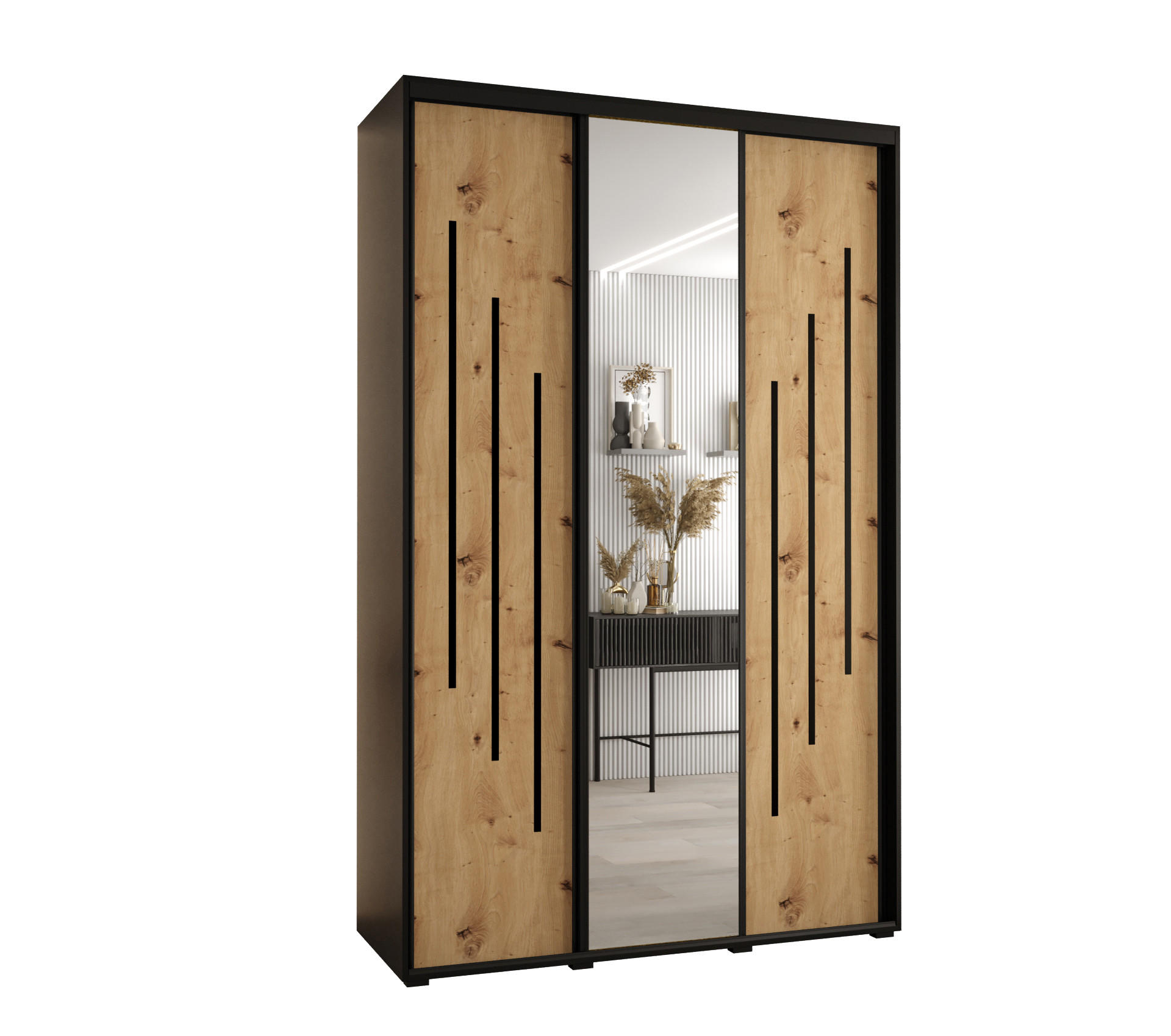 Abiks Möbel Schwebetürenschrank Schwarz, Eiche Artisan, Schwarz 160x235x45 cm