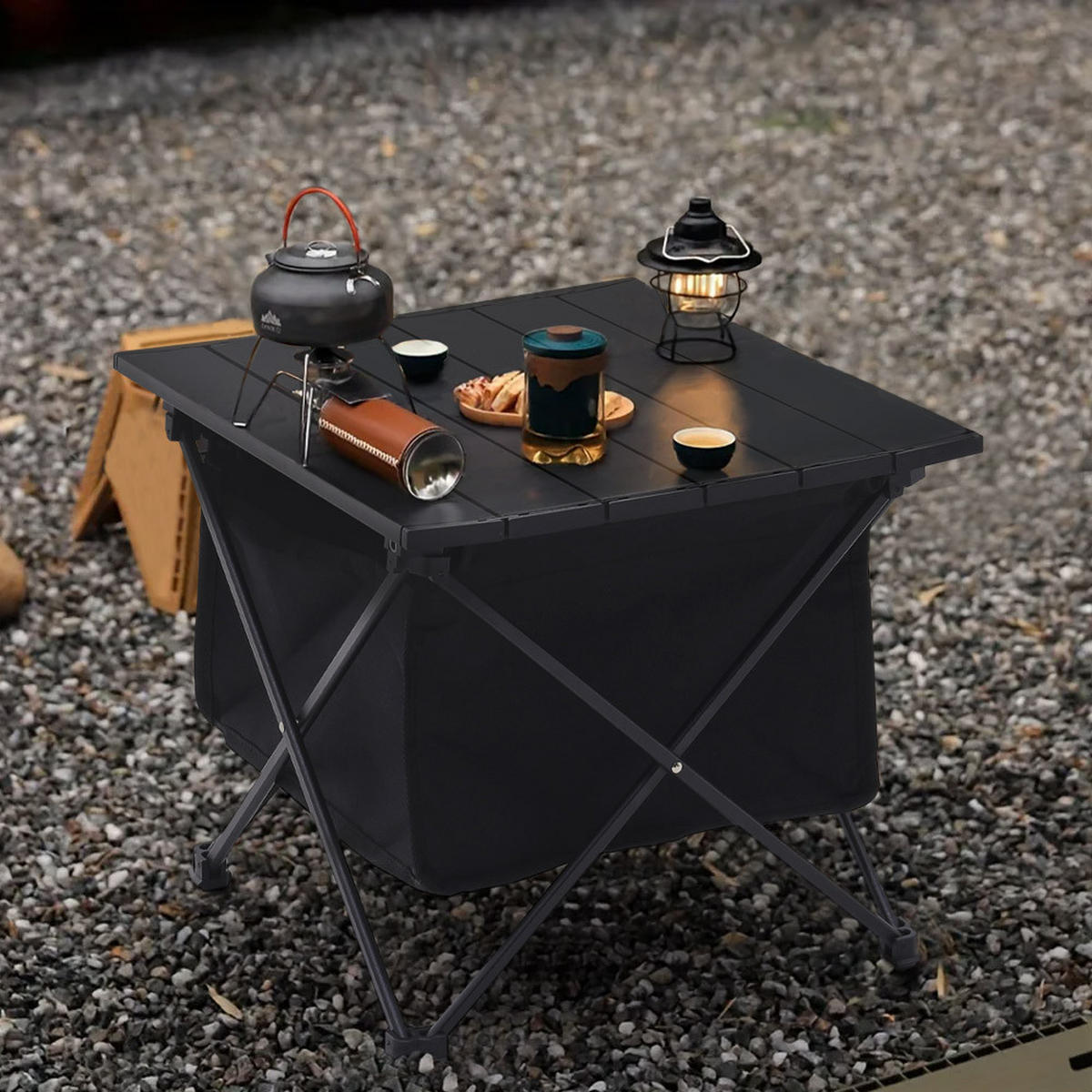 CAMPINGTISCH mit Rollplatte und Aufbewahrungskorb aus Aluminium Oxford-Gewebe Tragbar Kompaktes Faltmaß 39 x 33 x 31cm 1,02 kg - Schwarz, Metall (33/39/31cm) - Livingandhome