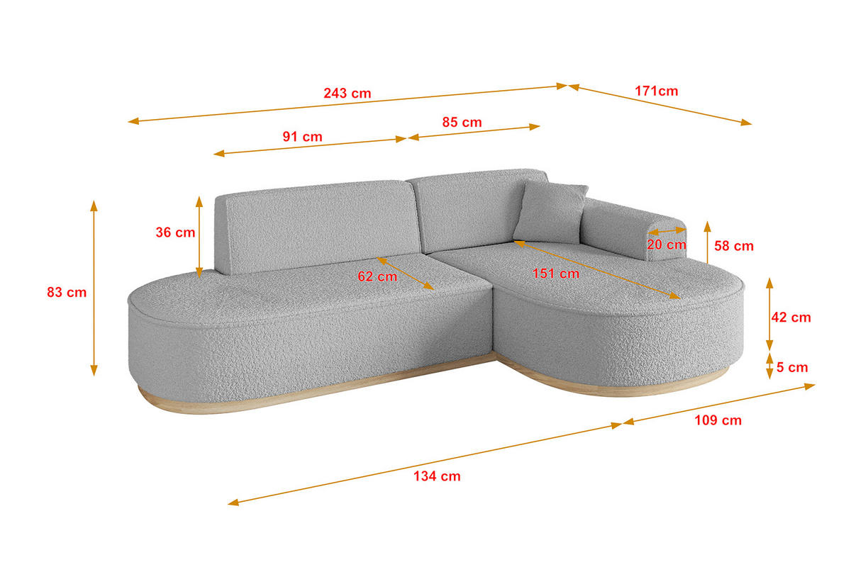 ECKSOFA Ottomane Rechts MARI-L1-v1 - 243x171x83 cm Hellgrau Bouclé - Hellgrau, Holzwerkstoff/Textil (171/243cm) - ALTDECOR