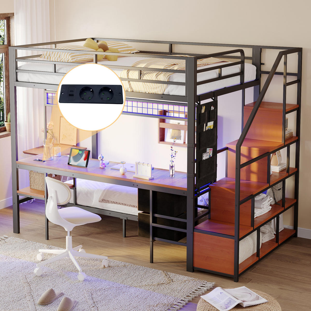 HOCHBETT 140/200 cm schwarz aus Metall und Holz mit Schreibtisch LED und Steckdosen - Schwarz, Metall (140/200cm) - OKWISH