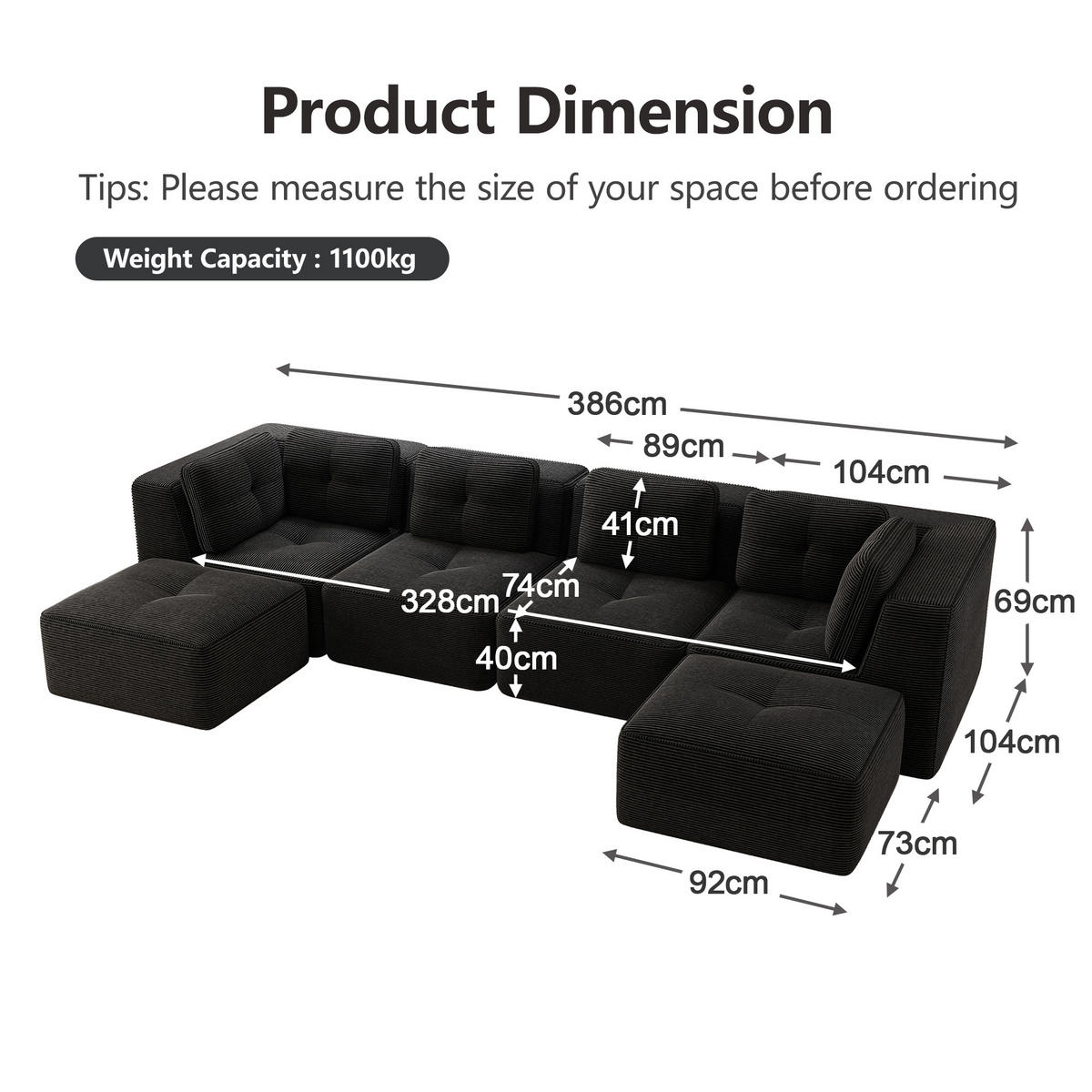 4-SITZER Sofa 386x177x69 cm aus Cordstoff rahmenlos modular mit 2 Ottomans, schwarz - Schwarz, Textil (177/69/386cm)