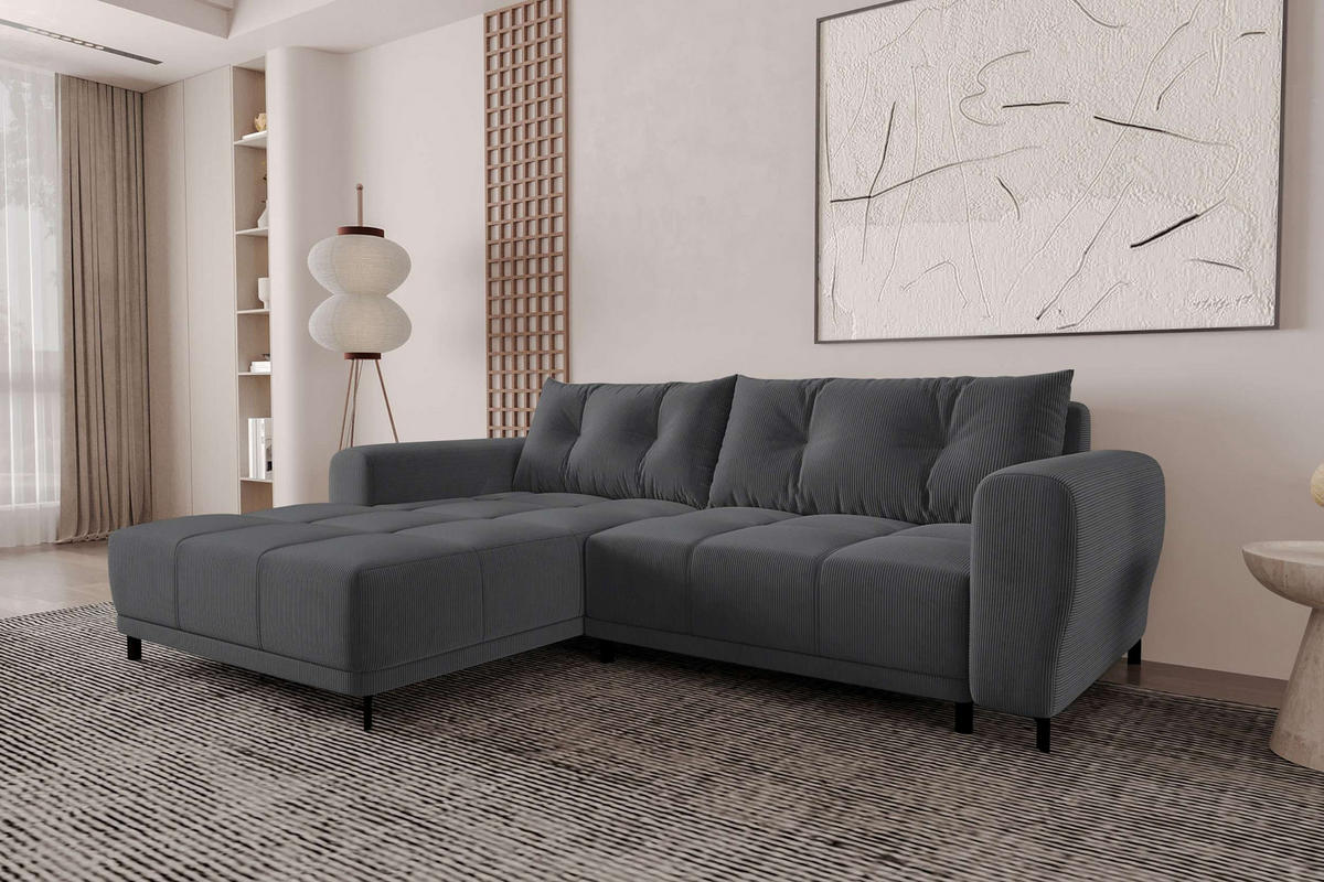 ECKSOFA Massimo Cordstoff Graphitfarben inkl. Schlaffunktion Links - Schwarz/Graphitfarben, Textil/Metall (246/177cm) - 99rooms