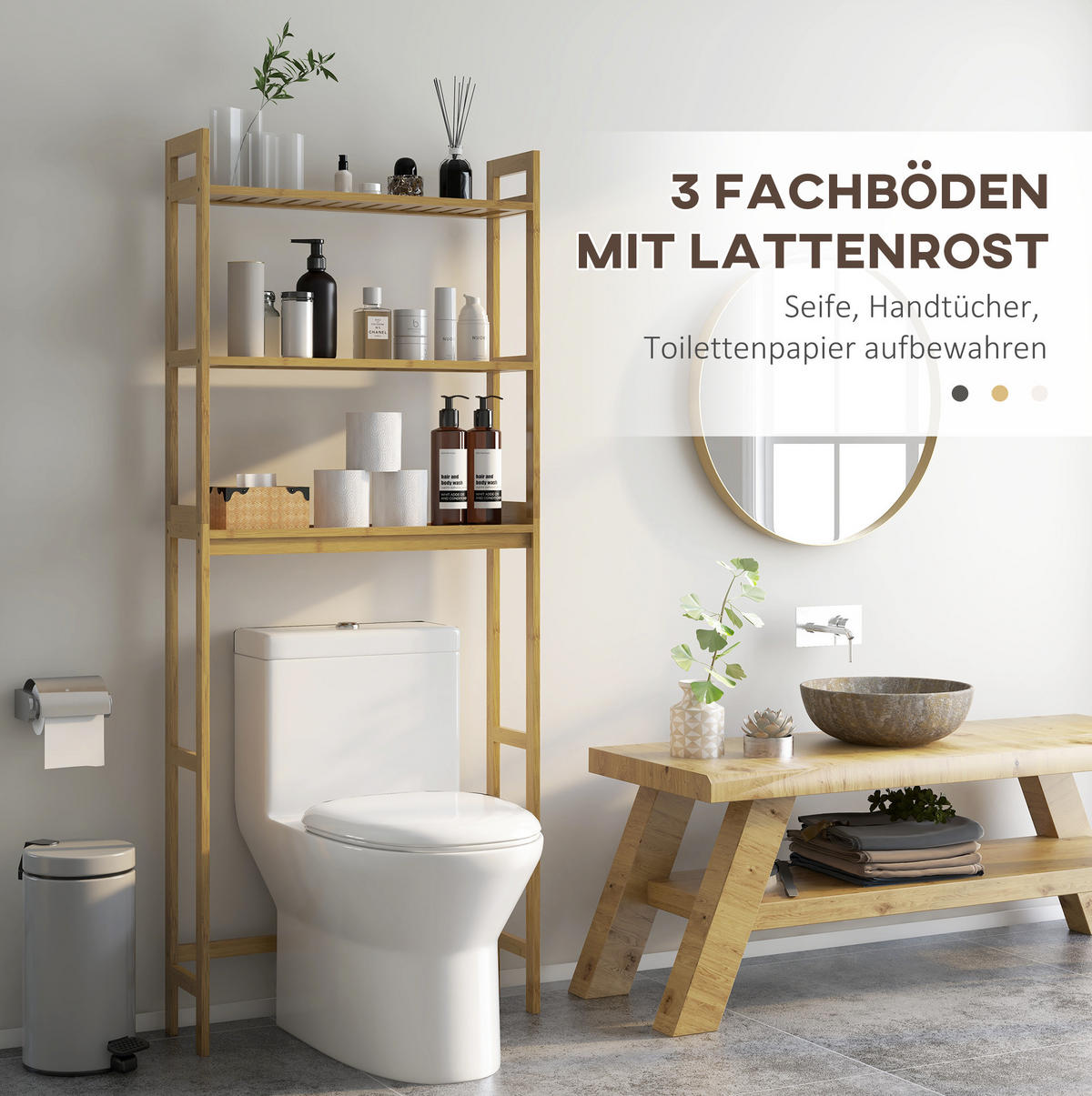 BADEZIMMERREGAL 68x20x165 cm Natur aus Bambus mit 3 Fächern & Kippschutz - Naturfarben, Naturmaterialien (68/165/20cm) - Modfu