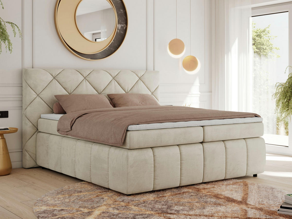 BOXBETT RITA 160/200 - Beige Velvet - H3 - Beige, Holz/Textil (160/200cm)