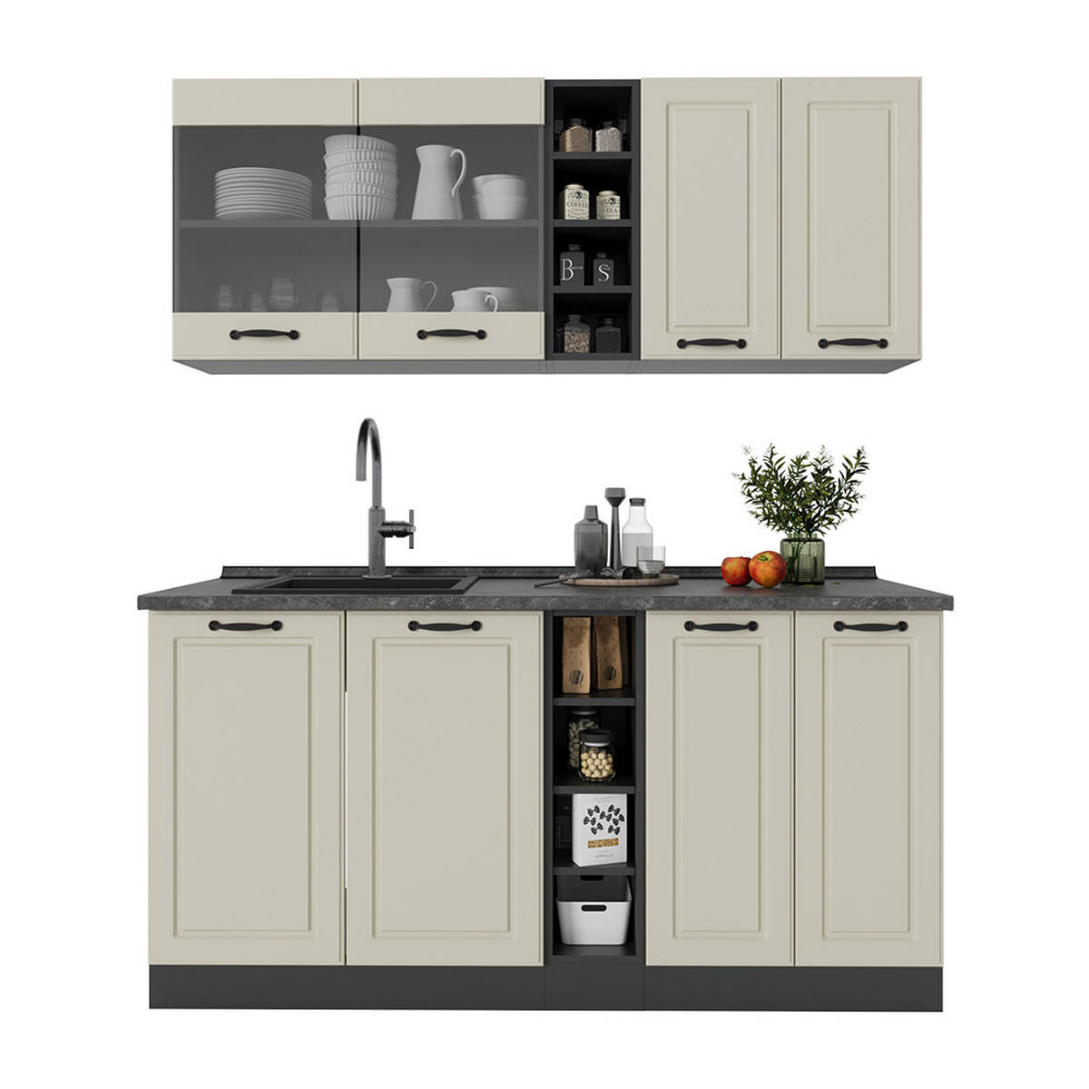 SINGLEKÜCHE R-Line, Sand Landhaus/Anthrazit, 160 cm Arbeitsplatte Anthrazit - Beige/Anthrazit, Holzwerkstoff (160/81.6/60cm) - Vicco