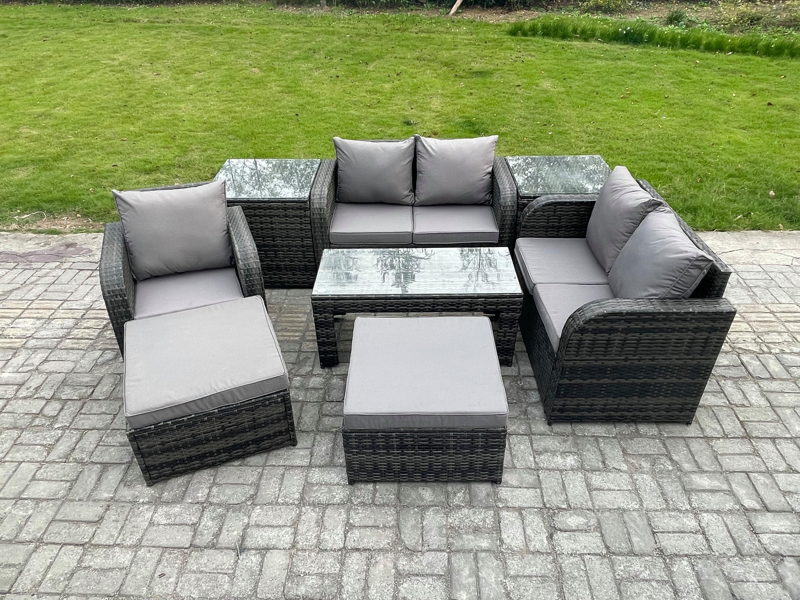 GARTENSOFA SET mit rechteckigem COUCHTISCH Polyrattan 7-Sitzer Dunkelgrau - Dunkelgrau/Grau, Glas/Kunststoff - Fimous