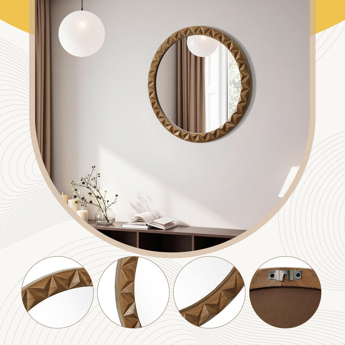 52CM H Runder Wandspiegel mit Kiefernholzrahmen, Geeignet für Badezimmer, Wohnzimmer und Schlafzimmer - Dunkelbraun, Glas/Holz (52/3.5/52cm) - Hometopia