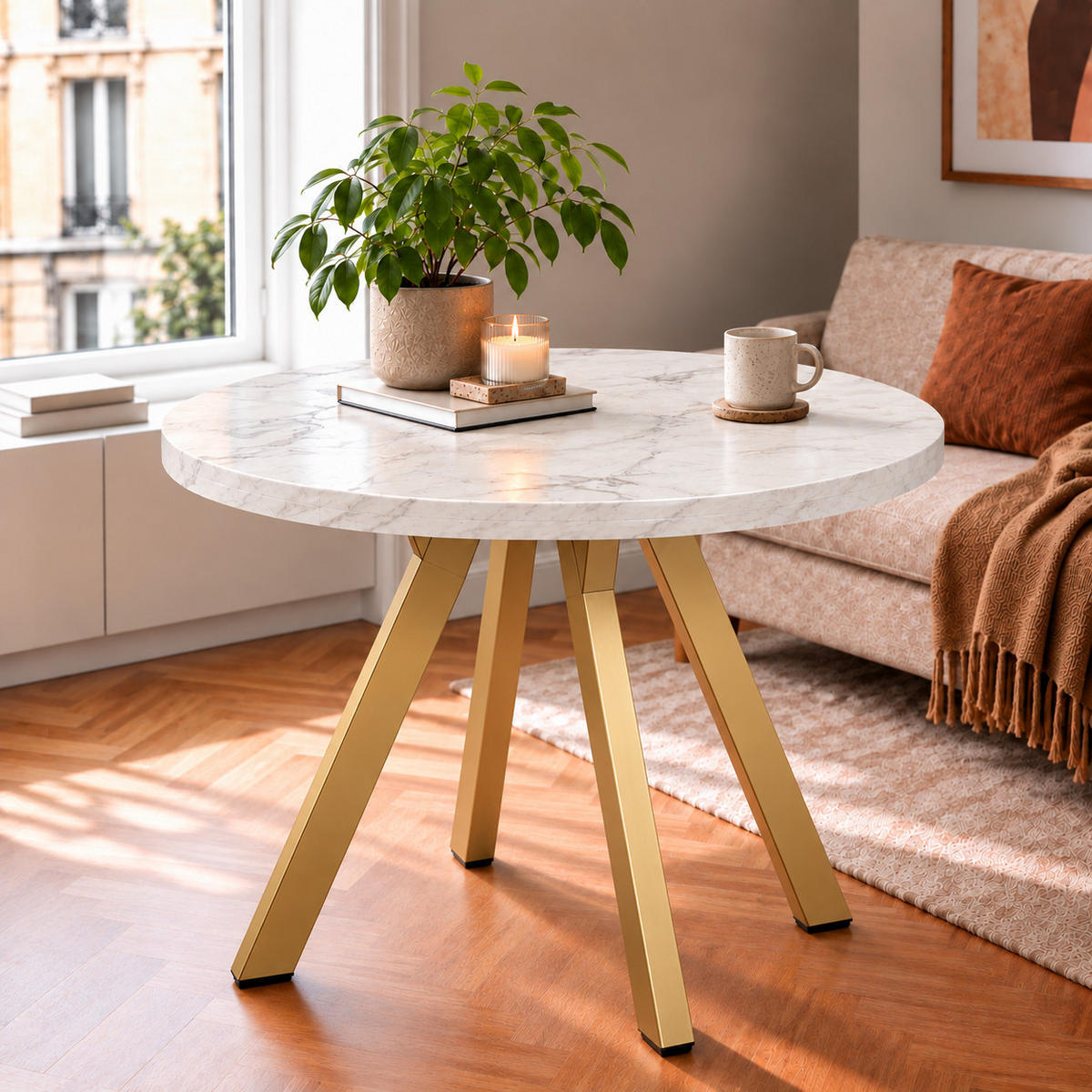 ESSTISCH rund ausziehbar 100/200/76 cm, Marmor, 54 cm Tischplatte + Y Metallgestell Gold - Goldfarben/Hellgrau, Holzwerkstoff/Metall (100/200/76cm) - Damale Möbel