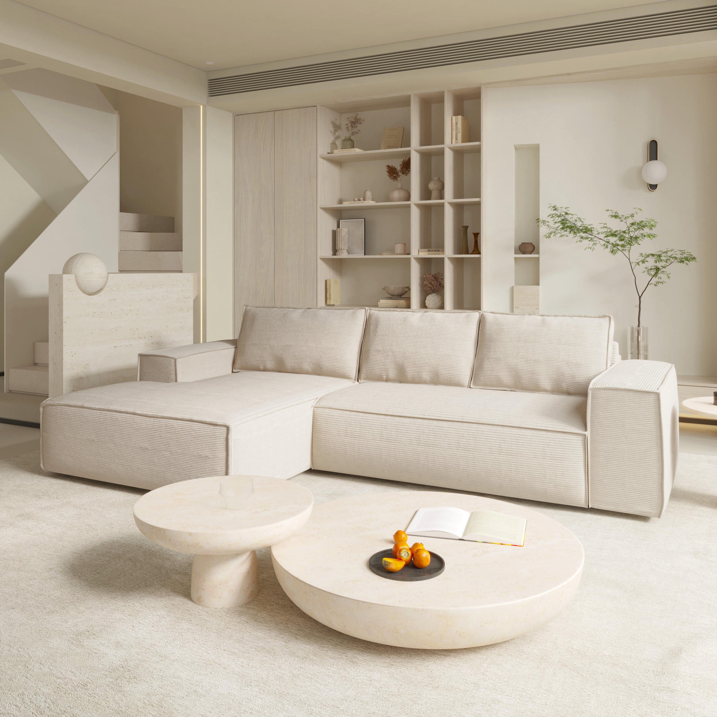 ECKSOFA LINKS Gerippter Samt Creme 302cm - Creme, Textil (165/302cm) - Sia Home