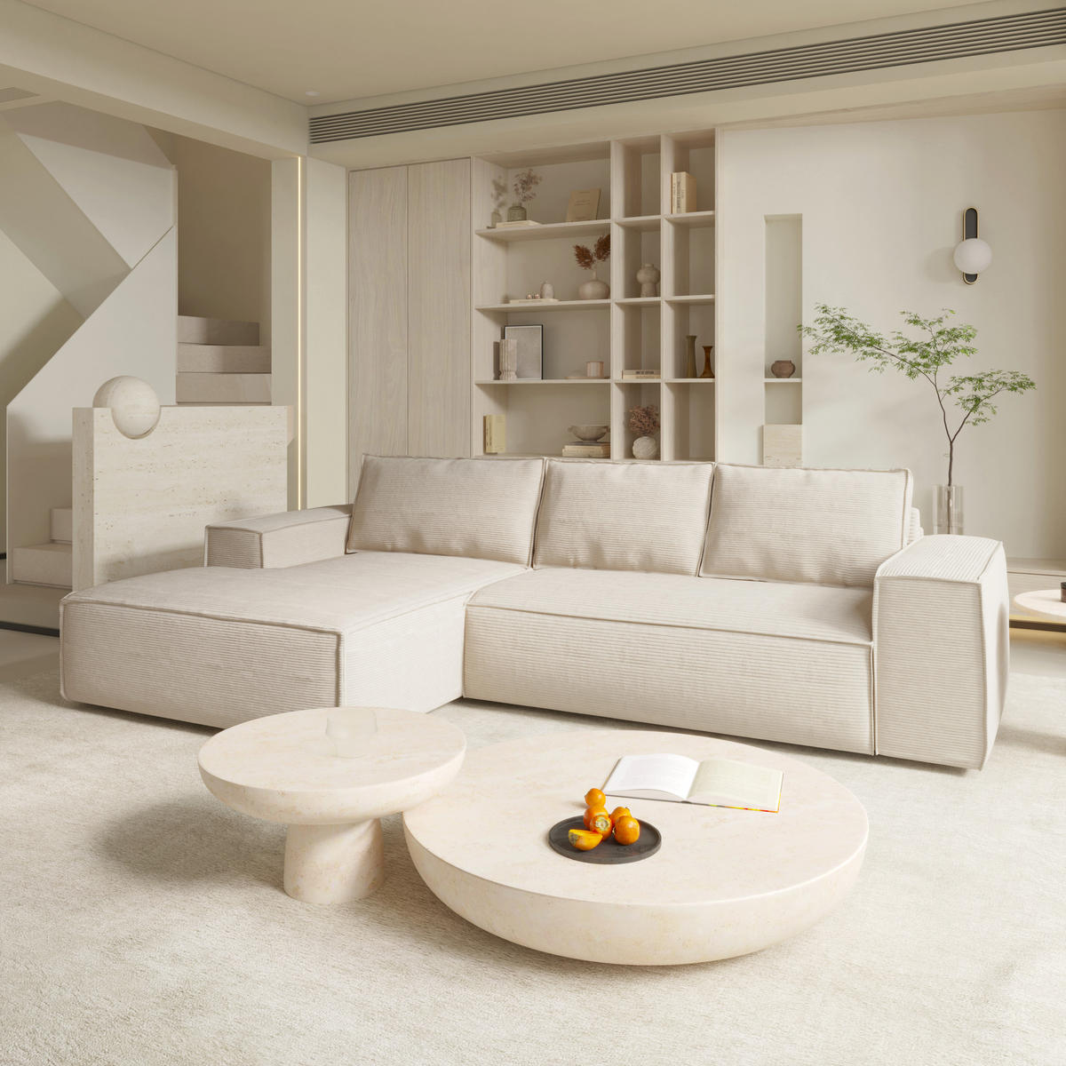 ECKSOFA LINKS Gerippter Samt Creme 302cm - Creme, Textil (165/302cm) - Sia Home