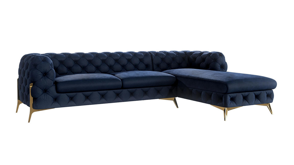 ECKSOFA Chesterfield Lexi Marineblau Samt, Ottomane rechts - Goldfarben/Dunkelblau, Holz/Textil (305/200cm) - S-Style Möbel