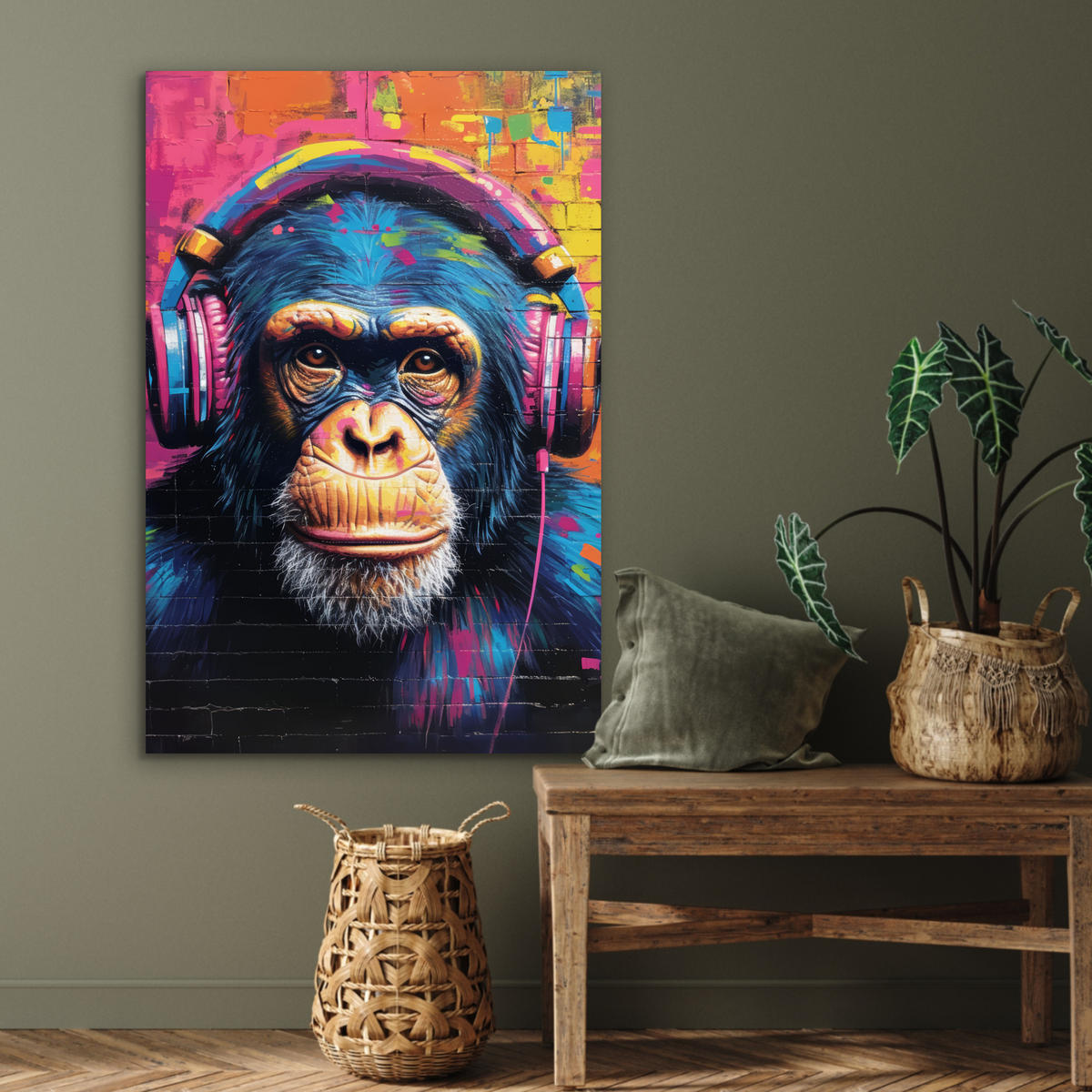 METALLBILD Graffiti - Schimpanse - Straßenkunst - Kopfhörer - Affe 60x90 cm - Blau, Metall (60/90cm) - MuchoWow