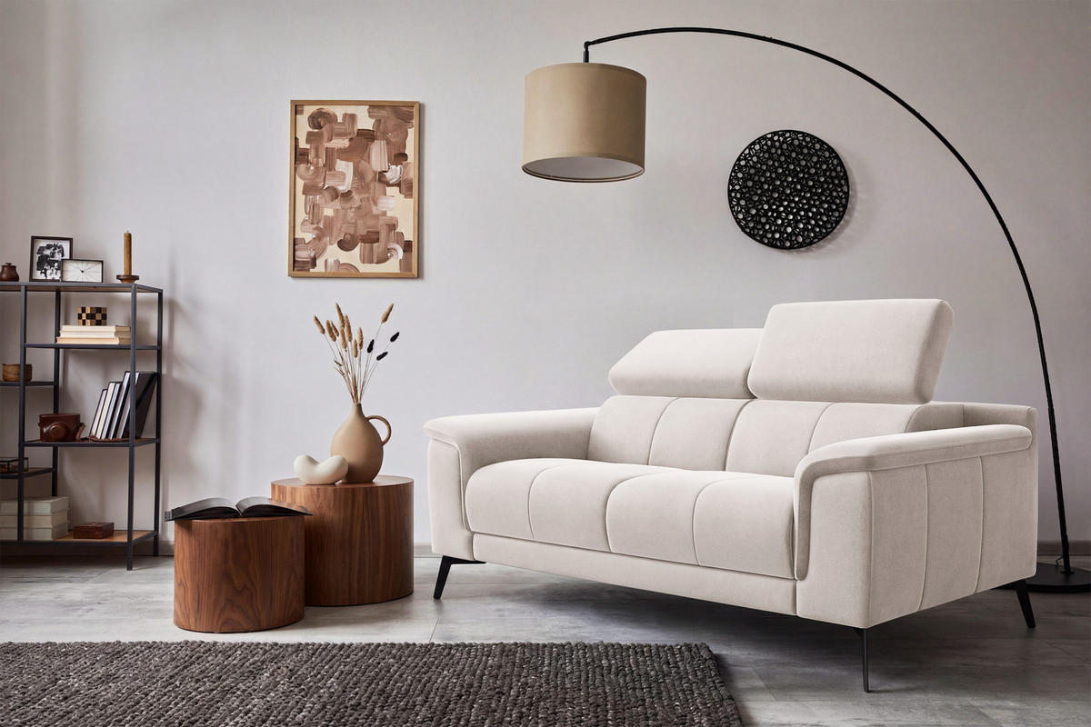 SOFA FIERO 2-Sitzer, Beiger Veloursstoff - Beige/Schwarz, Holz/Textil (170/82/103cm) - Courtois Laville
