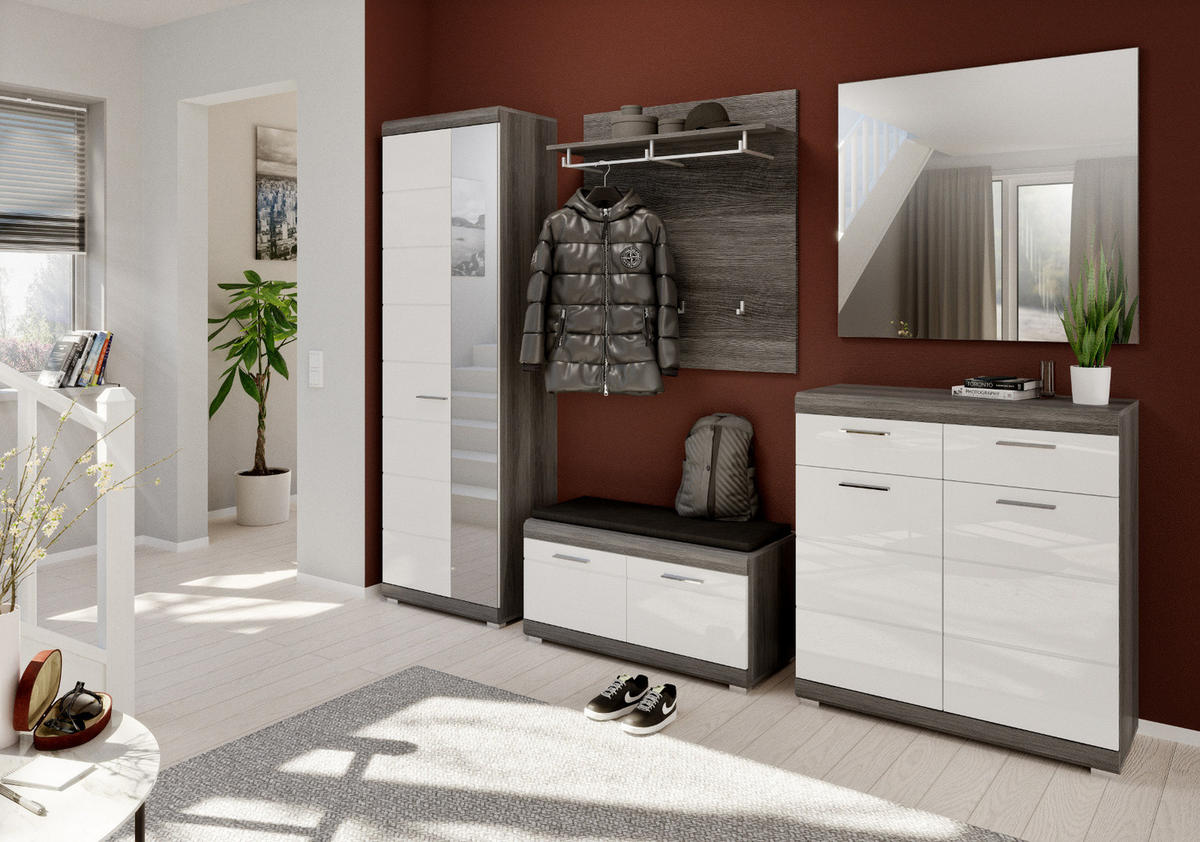 GARDEROBE Set 3-teilig weiß Hochglanz und grau, Garderobenkombination mit Schuhschrank - Chromfarben/Weiß Hochglanz, Holzwerkstoff/Kunststoff (167/197/40cm) - Inn.Furn