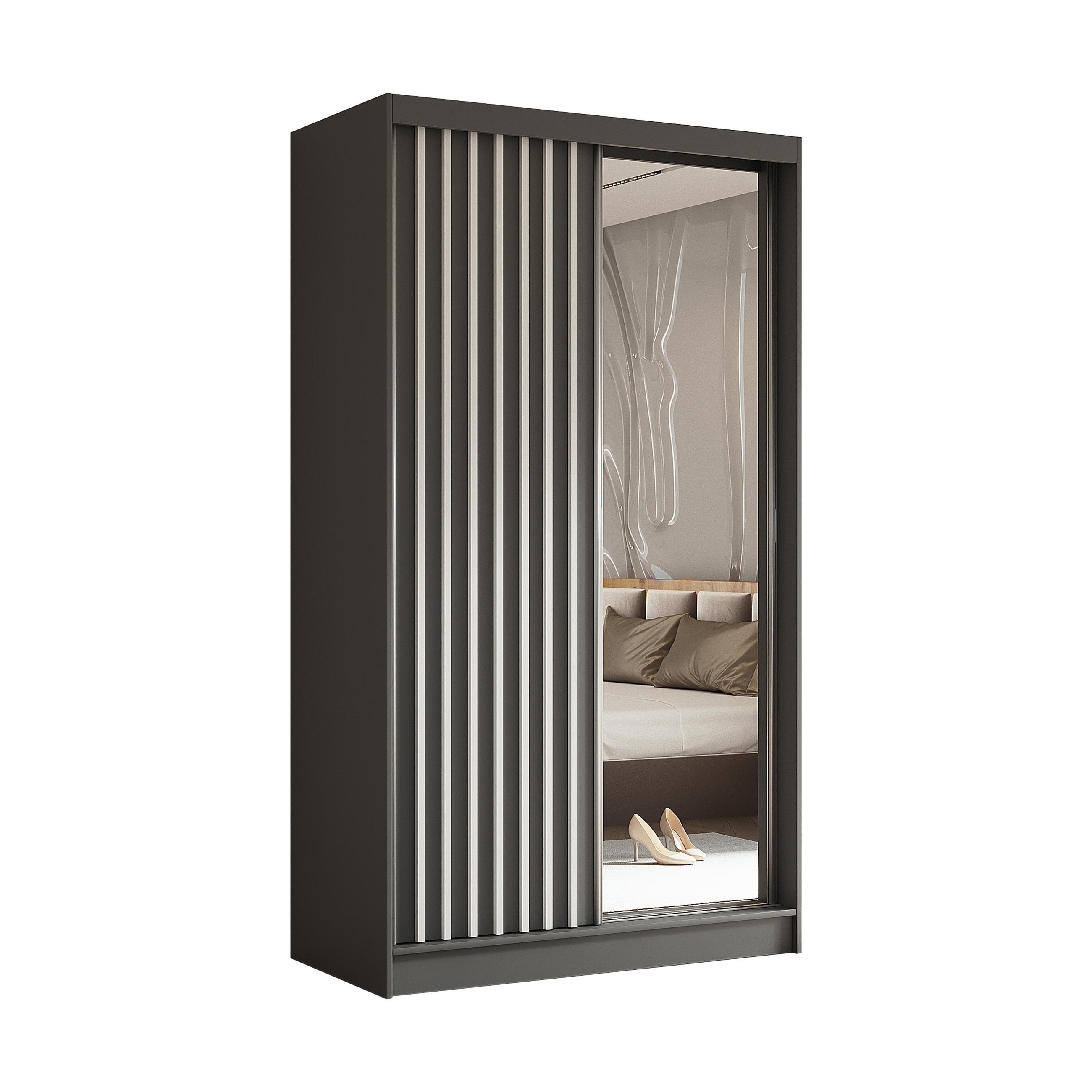 SCHWEBETÜRENSCHRANK LAMELLO 120/216/61 cm 2-türig mit Spiegel Grau - Grau, Holzwerkstoff (120/216/61cm) - MASSENO