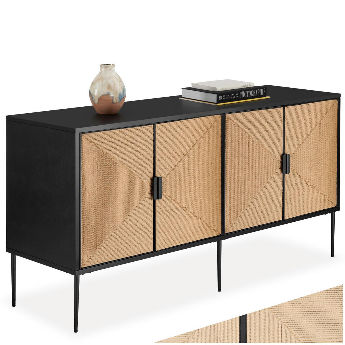 SIDEBOARD Juna,150 x 47 x 77 cm, höhenverstellbare Füße,schwarz/braun - Schwarz/Braun, Holz (150/77/47cm) - tectake