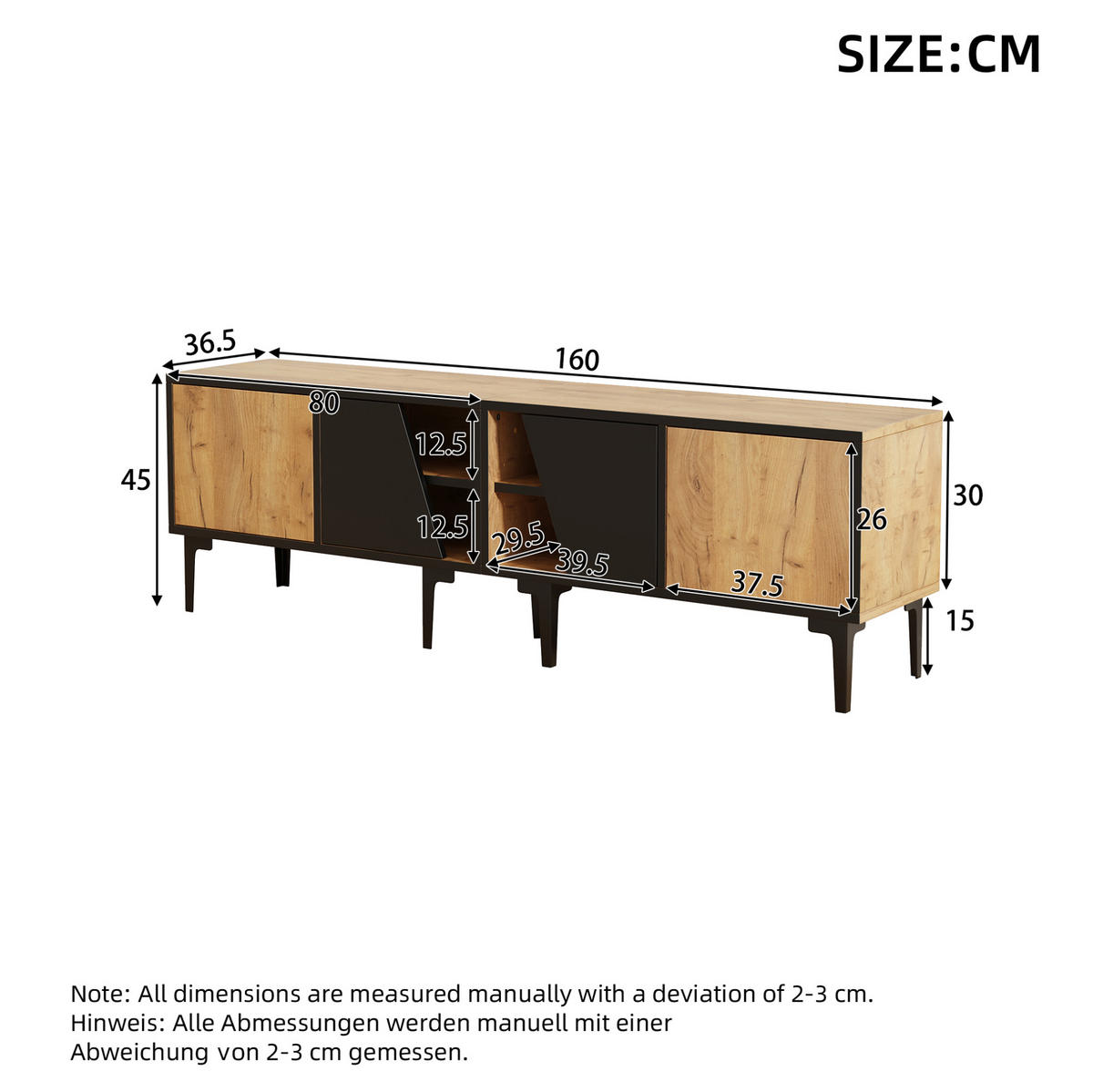 TV-LOWBOARD 160/36,5/45 cm naturfarben aus Spanplatte mit 4 Fächern - Hellbraun, Holzwerkstoff (160/45/36.5cm) - OKWISH