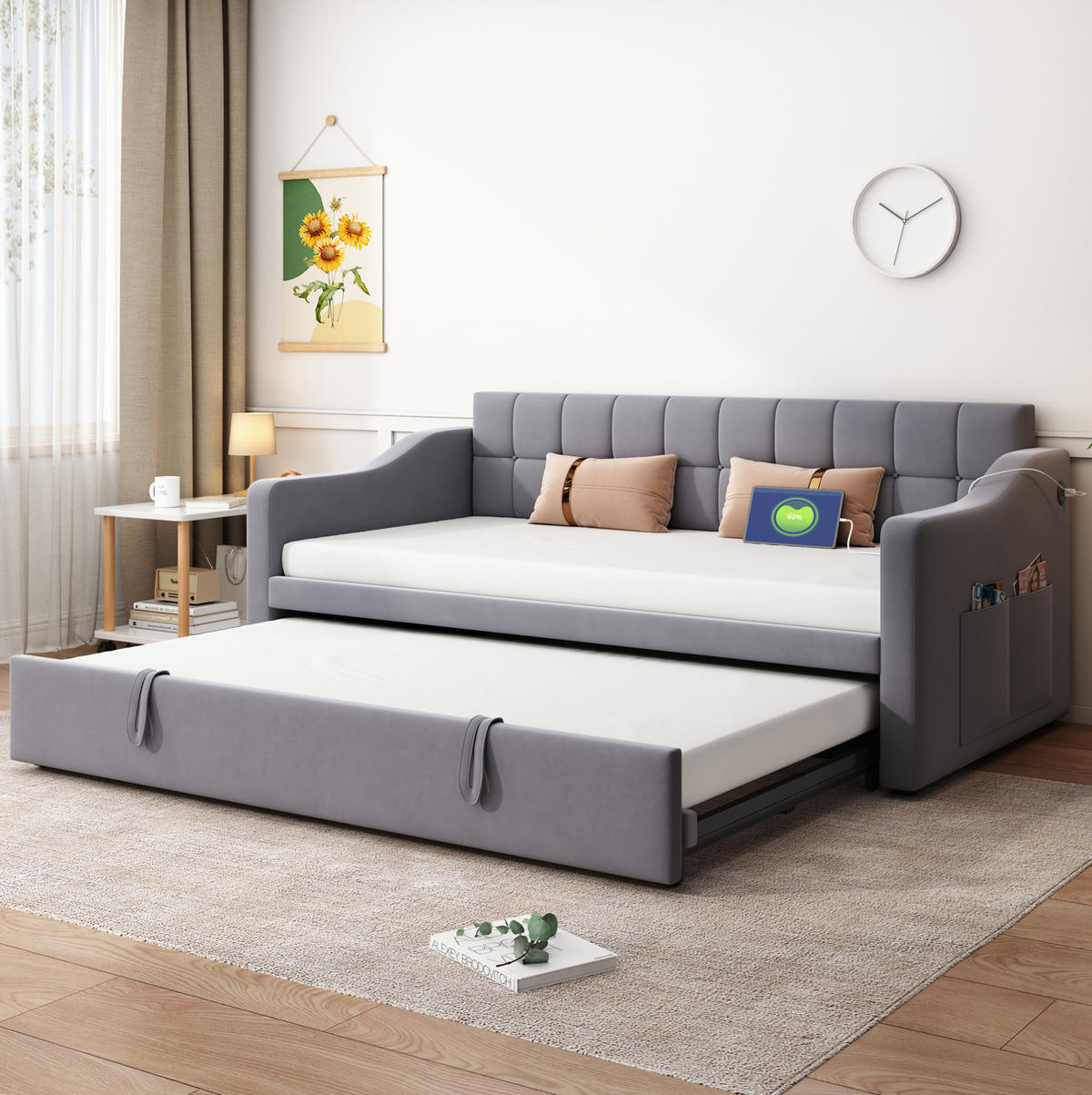 POLSTERBETT 90/190 cm ausziehbar auf 180 cm mit USB-Anschlüssen und Samtbezug, Grau - Grau, Textil (90/190cm) - Redom