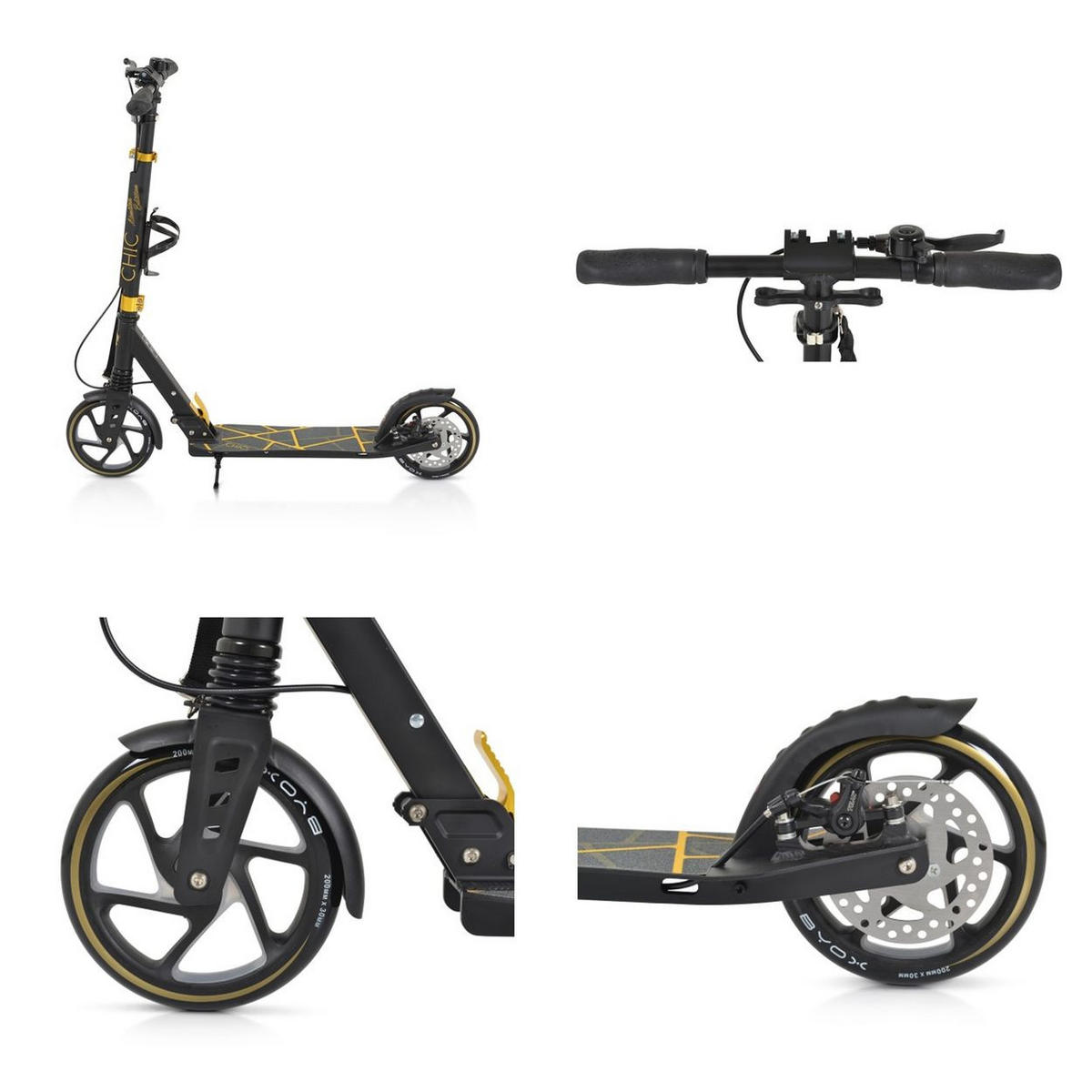 KINDERROLLER Chic schwarz PU-Räder, ABEC-7, LED-Licht, Seitenständer, faltbar, höhenverstellbar - Schwarz, Metall (54.5/46/101cm)