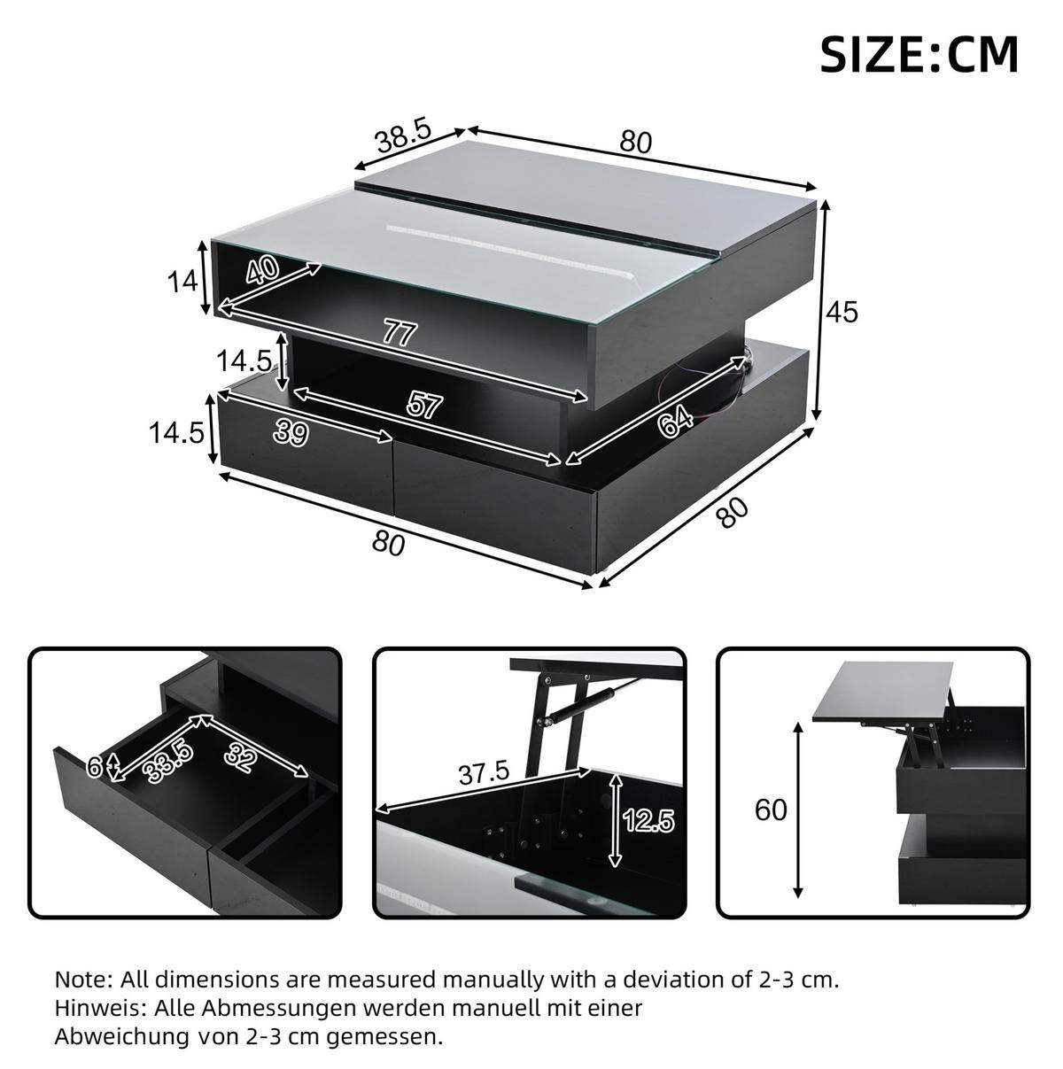 COUCHTISCH aus Spanplatte 80x80x45 cm Schwarz mit Hubfunktion, LED-Beleuchtung und 2 Schubladen - Schwarz, Holzwerkstoff (80/80/45cm) - IVMEU