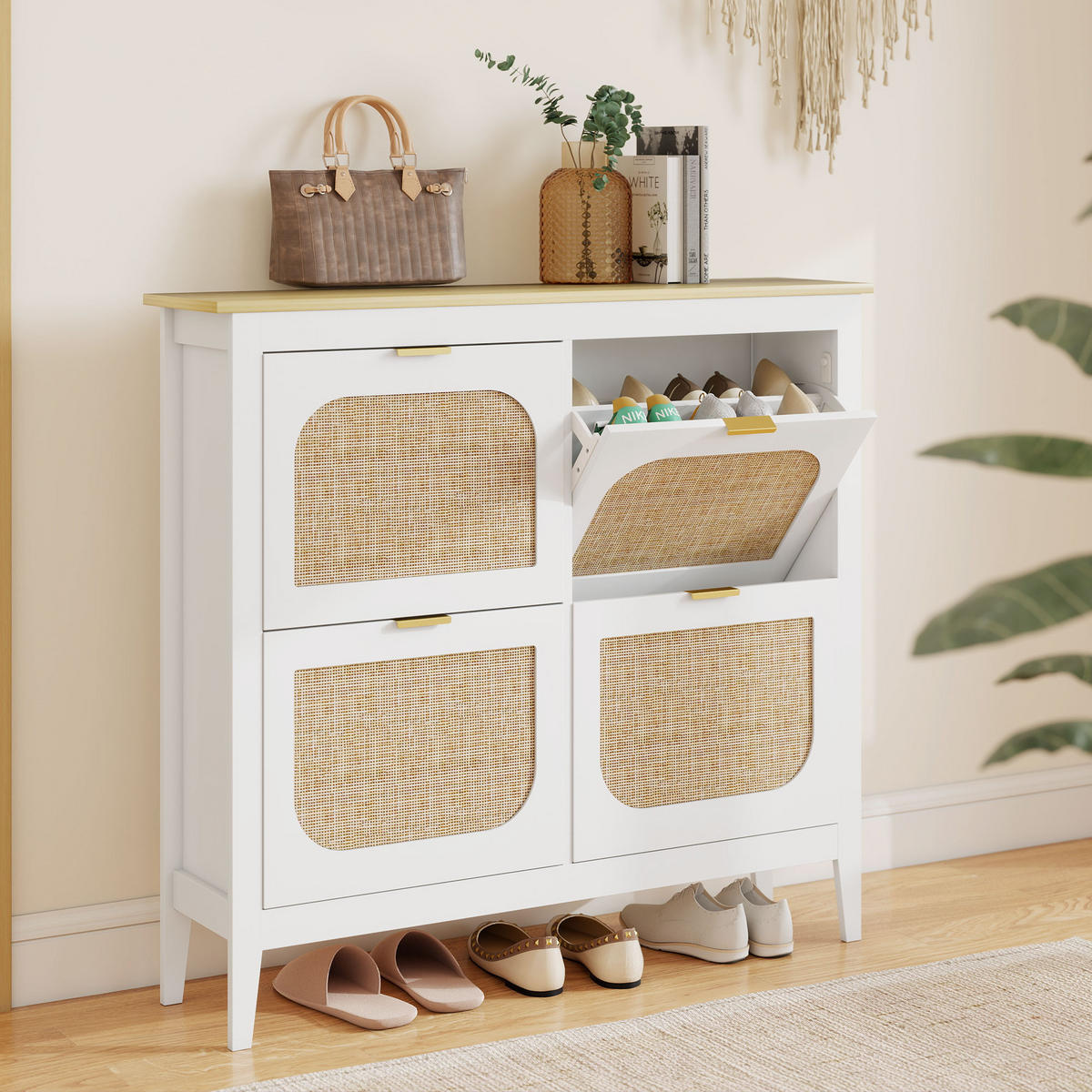 SCHUHSCHRANK DE-15044 4 Klapptüren mit Rattan-Optik für 20 Paar Schuhe Weiß - Weiß, Holzwerkstoff (105/95.5/24cm) - ComfortXL