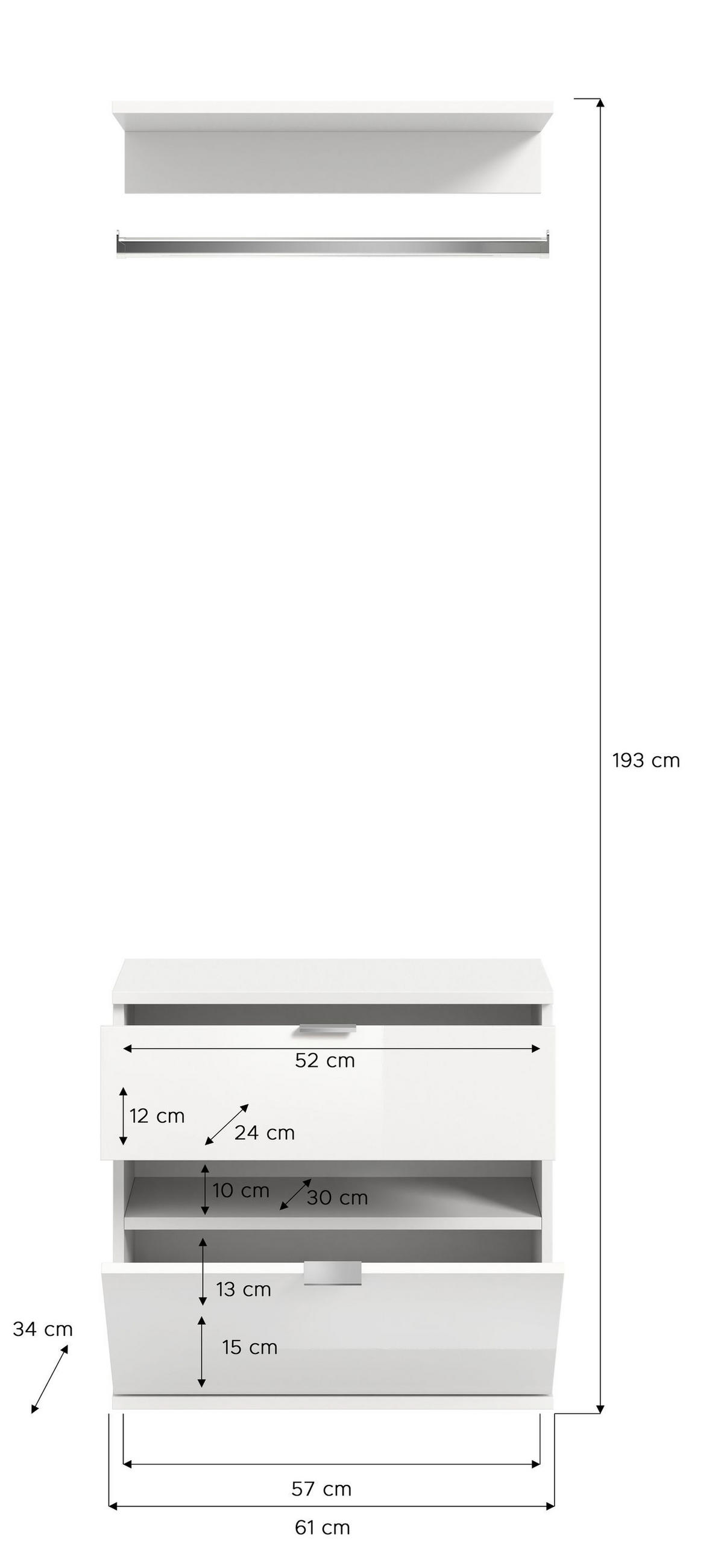 KOMMODE + Garderobenstange Projekt X Garderobe in weiß Nb. und weiß hochglanz B/H/T: 61x62x34 cm - Weiß, Holzwerkstoff (60/61/34cm)